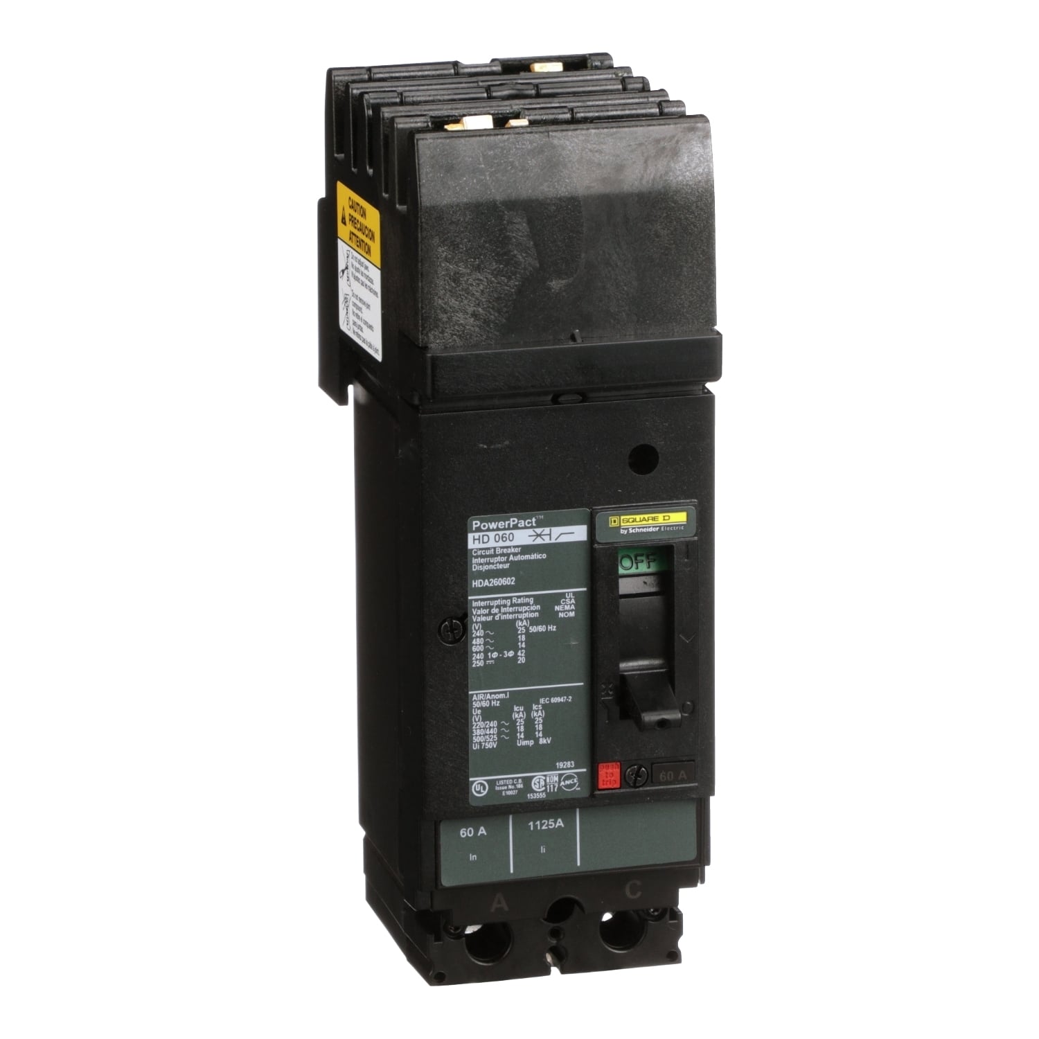 HDA260602 I-Line PowerPact Type HDA Molded Case Circuit Breaker, 600 V AC/250 V DC, 60 A, 18/25/14/20 kA Interrupt, 2 Poles, Thermal Magnetic Trip