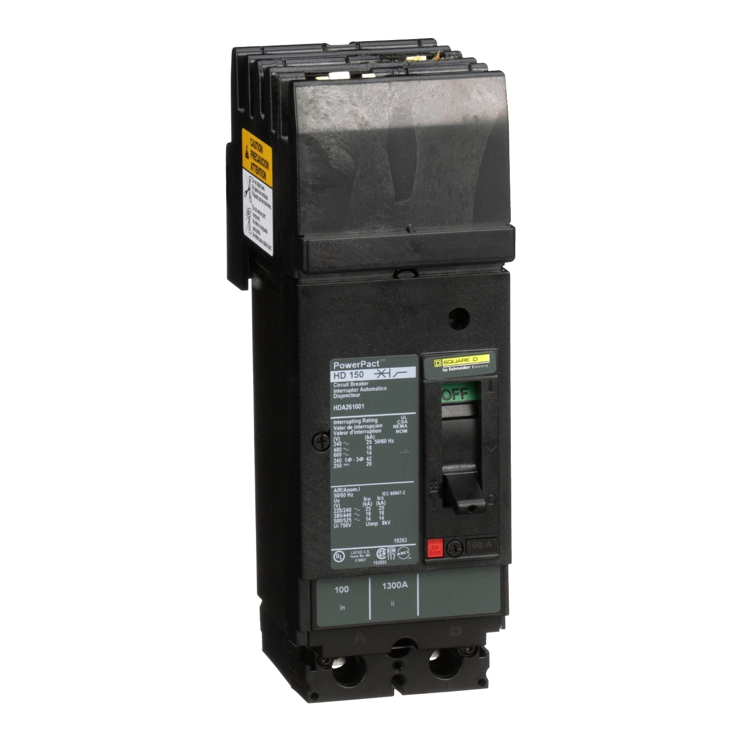 HDA261001 I-Line PowerPact H Type HDA Molded Case Circuit Breaker, 600 V AC/250 V DC, 100 A, 18/14/20/25 kA Interrupt, 2 Poles, Thermal Magnetic Trip