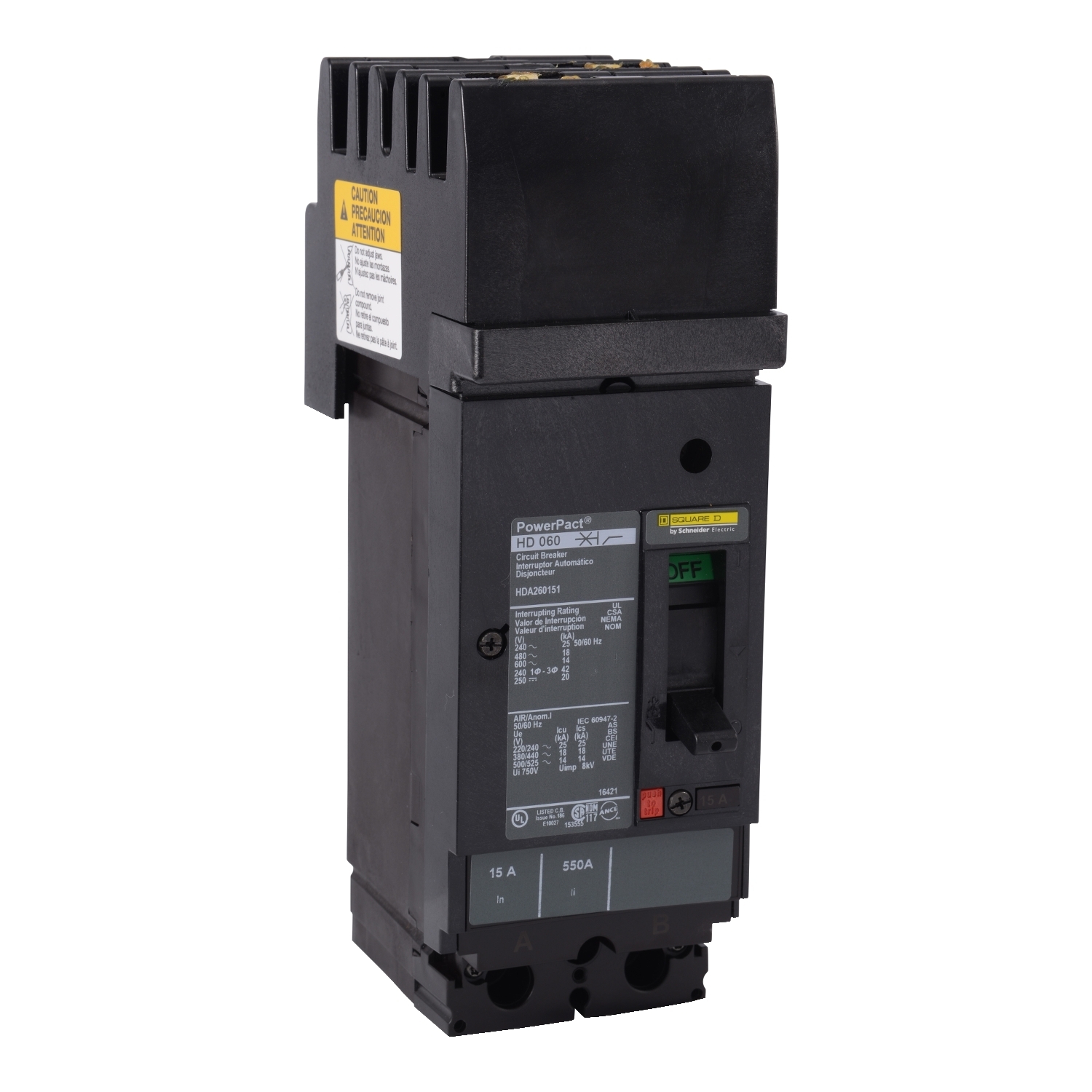 HDA261002 I-Line PowerPact 80% Rated Type HDA Molded Case Circuit Breaker, 600 V AC/250 V DC, 100 A, 25 kA at 240 VAC/18 kA at 480 VAC/14 kA at 600 VAC Interrupt, 2 Poles, Thermal Magnetic Trip