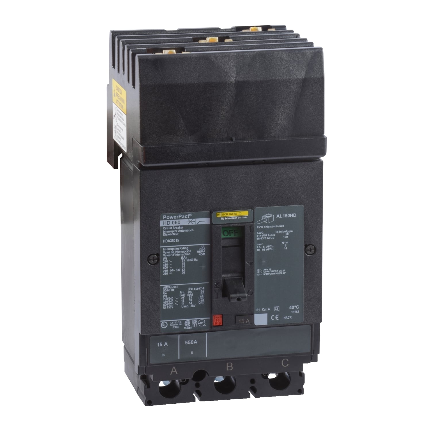 HDA36015 PowerPact 80% Rated Type HDA Molded Case Circuit Breaker, 600 V AC/250 V DC, 15 A, 25 kA at 240 VAC/18 kA at 480 VAC/14 kA at 600 VAC/20 kA at 250VDC Interrupt, 3 Poles, Thermal Magnetic Trip