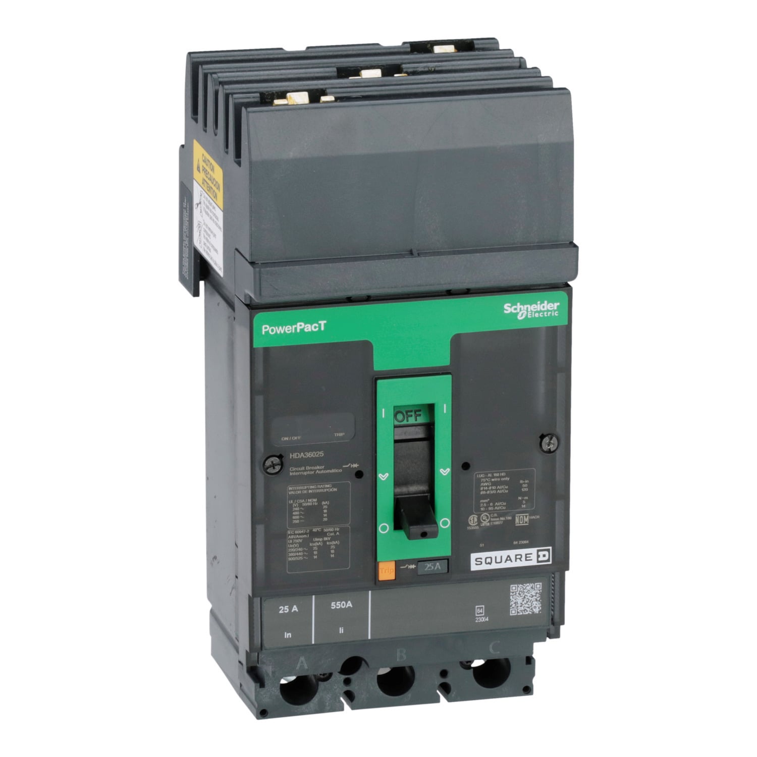 HDA36025 I-Line PowerPact 80% Rated Type HDA Molded Case Circuit Breaker, 600 V AC/250 V DC, 25 A, 18 kA at 480 VAC/25 kA at 240 VAC/14 kA at 600 VAC/20 kA at 250 VDC/250 VDC/600 VAC Interrupt, 3 Poles, Thermal Magnetic Trip