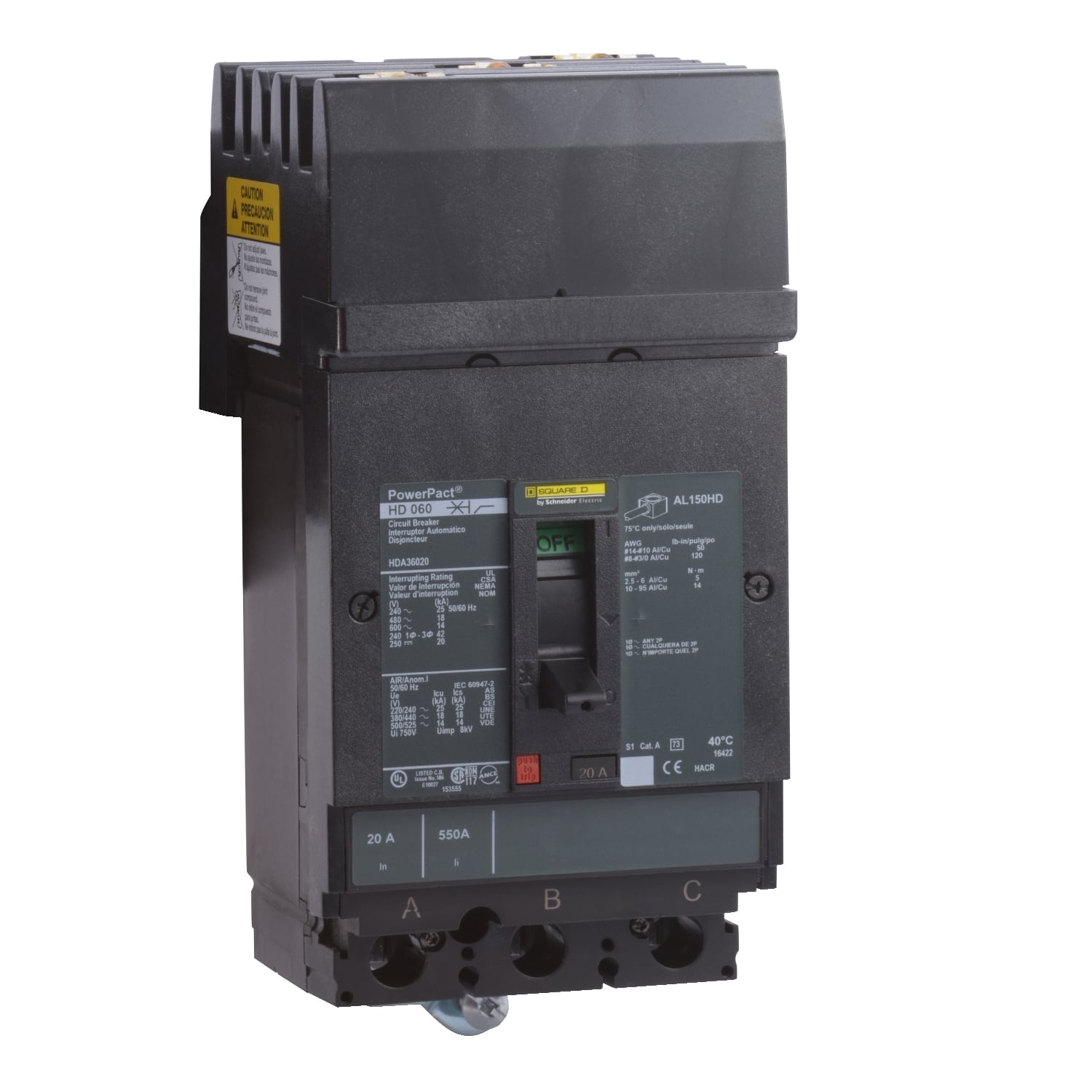 HDA36035 I-Line PowerPact 80% Rated Type HDA Molded Case Circuit Breaker, 600 V AC/250 V DC, 35 A, 18 kA at 480 VAC/25 kA at 240 VAC/14 kA at 600 VAC/20 kA at 250 VDC/250 VDC/600 VAC Interrupt, 3 Poles, Thermal Magnetic Trip
