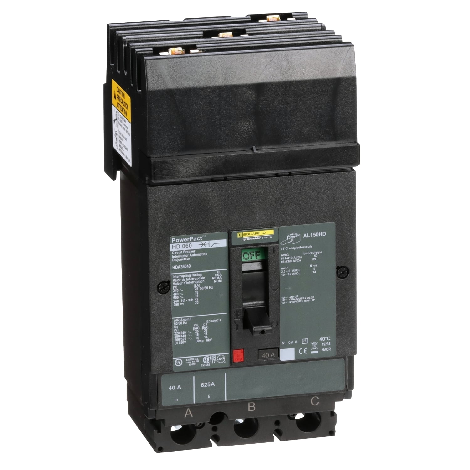HDA36040 PowerPact 80% Rated Type HDA Molded Case Circuit Breaker, 600 V AC/250 V DC, 40 A, 25 kA at 240 VAC/18 kA at 480 VAC/14 kA at 600 VAC/20 kA at 250VDC Interrupt, 3 Poles, Thermal Magnetic Trip