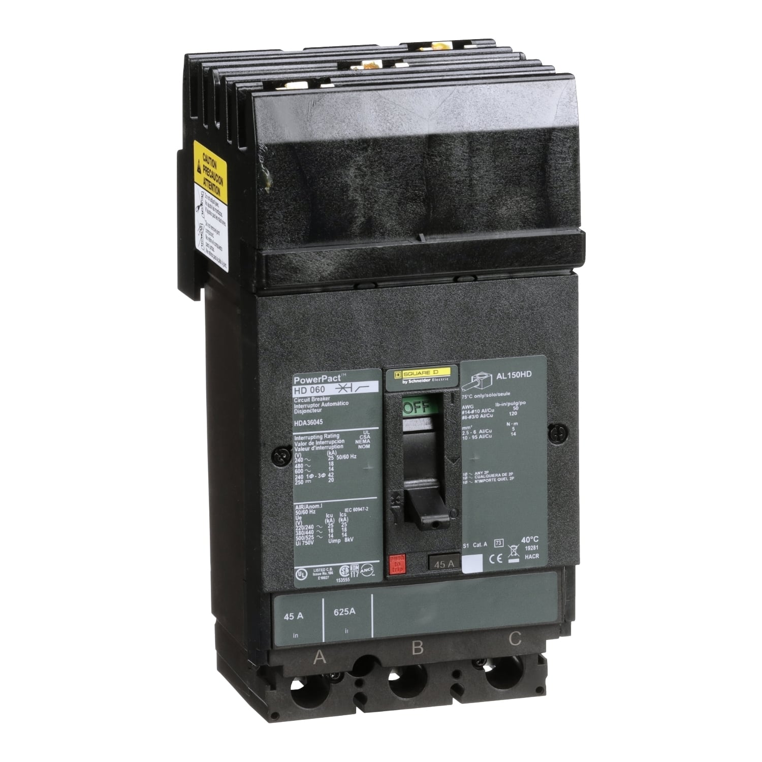 HDA36045 I-Line PowerPact 80% Rated Type HDA Molded Case Circuit Breaker, 600 V AC/250 V DC, 45 A, 18 kA at 480 VAC/25 kA at 240 VAC/14 kA at 600 VAC/20 kA at 250 VDC/250 VDC/600 VAC Interrupt, 3 Poles, Thermal Magnetic Trip