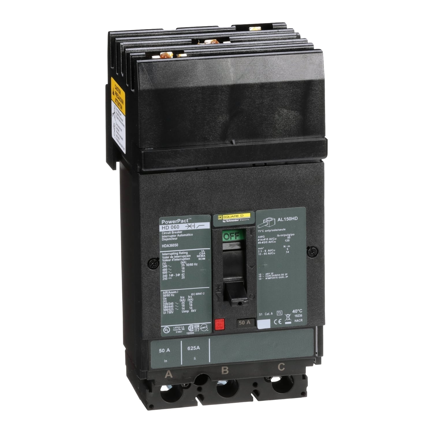 HDA36050 PowerPact 80% Rated Type HDA Molded Case Circuit Breaker, 600 V AC/250 V DC, 50 A, 25 kA at 240 VAC/18 kA at 480 VAC/14 kA at 600 VAC/20 kA at 250VDC Interrupt, 3 Poles, Thermal Magnetic Trip