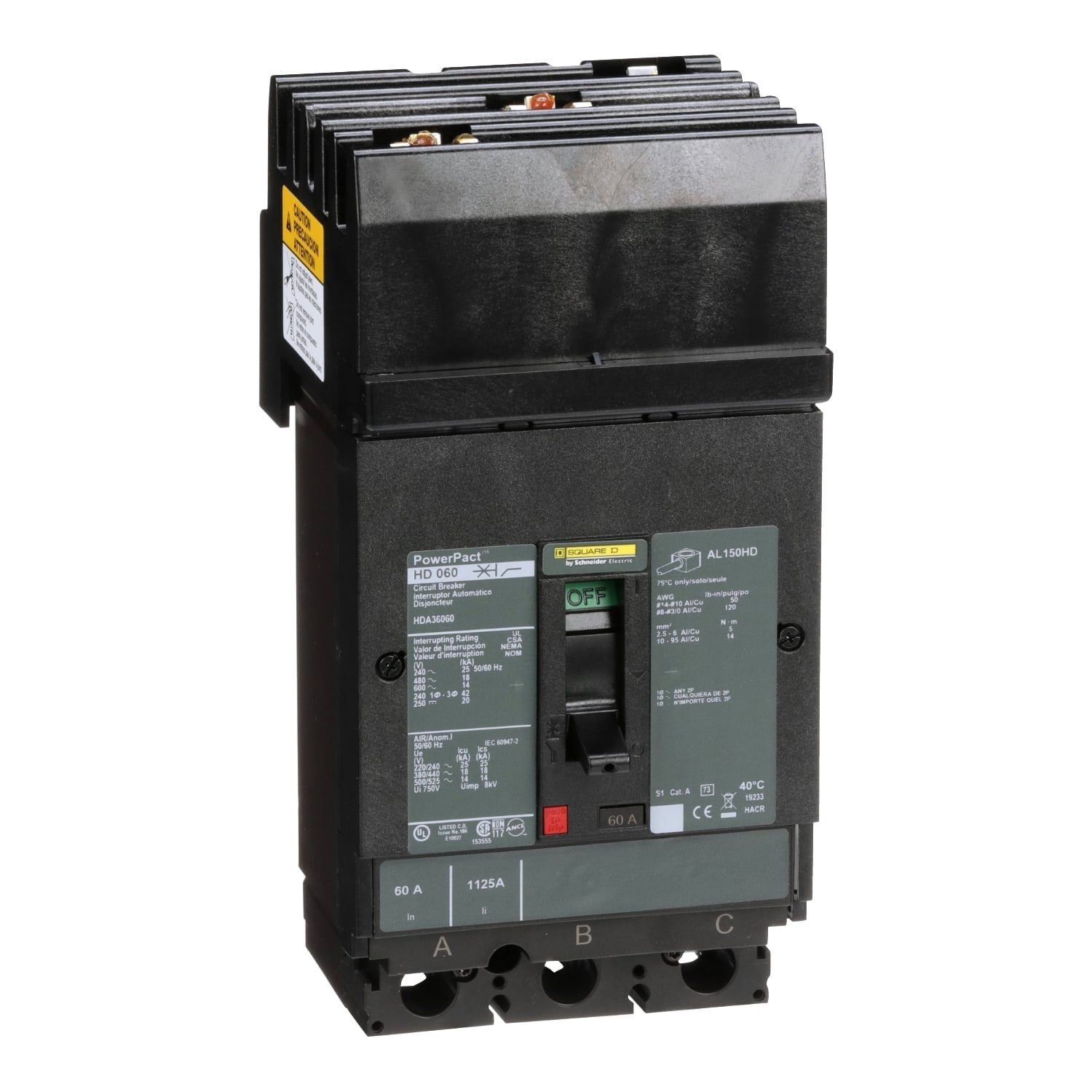 HDA36060 PowerPact 80% Rated Type HDA Molded Case Circuit Breaker, 600 V AC/250 V DC, 60 A, 25 kA at 240 VAC/18 kA at 480 VAC/14 kA at 600 VAC/20 kA at 250VDC Interrupt, 3 Poles, Thermal Magnetic Trip