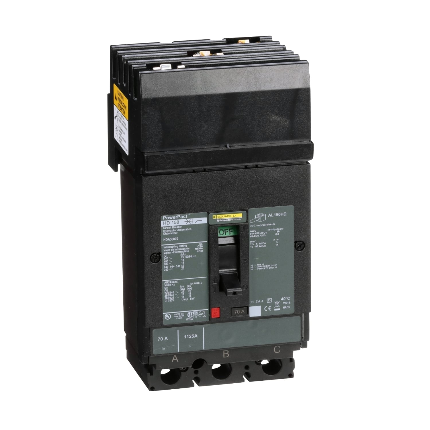HDA36070 PowerPact 80% Rated Type HDA Molded Case Circuit Breaker, 600 V AC/250 V DC, 70 A, 25 kA at 240 VAC/18 kA at 480 VAC/14 kA at 600 VAC/20 kA at 250VDC Interrupt, 3 Poles, Thermal Magnetic Trip
