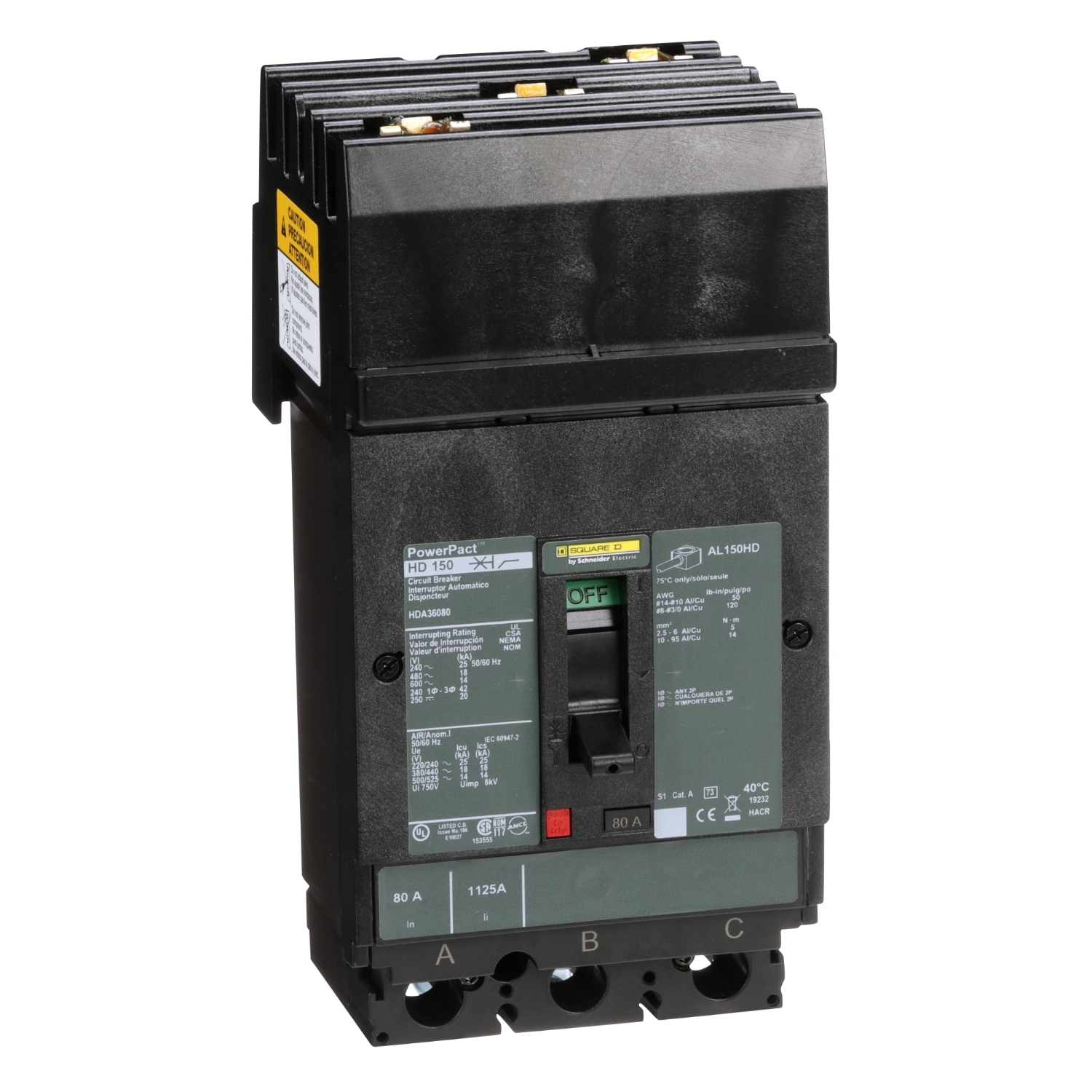 HDA36080 HAD Hda Molded Case Circuit Breaker, 600 V AC/250 V DC, 80 A, 25 kA at 240 VAC/18 kA at 480 VAC/14 kA at 600 VAC/20 kA at 250VDC Interrupt, 3 Poles, Thermal Magnetic Trip