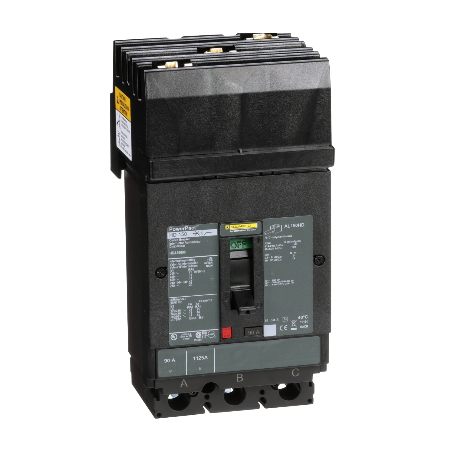 HDA36090 HDA 80% Rated Type HDA 3-Pole Molded Case Circuit Breaker, 600 V AC/250 V DC, 90 A, 14 to 20 kA Interrupt, 3 Poles, Thermal Magnetic Trip