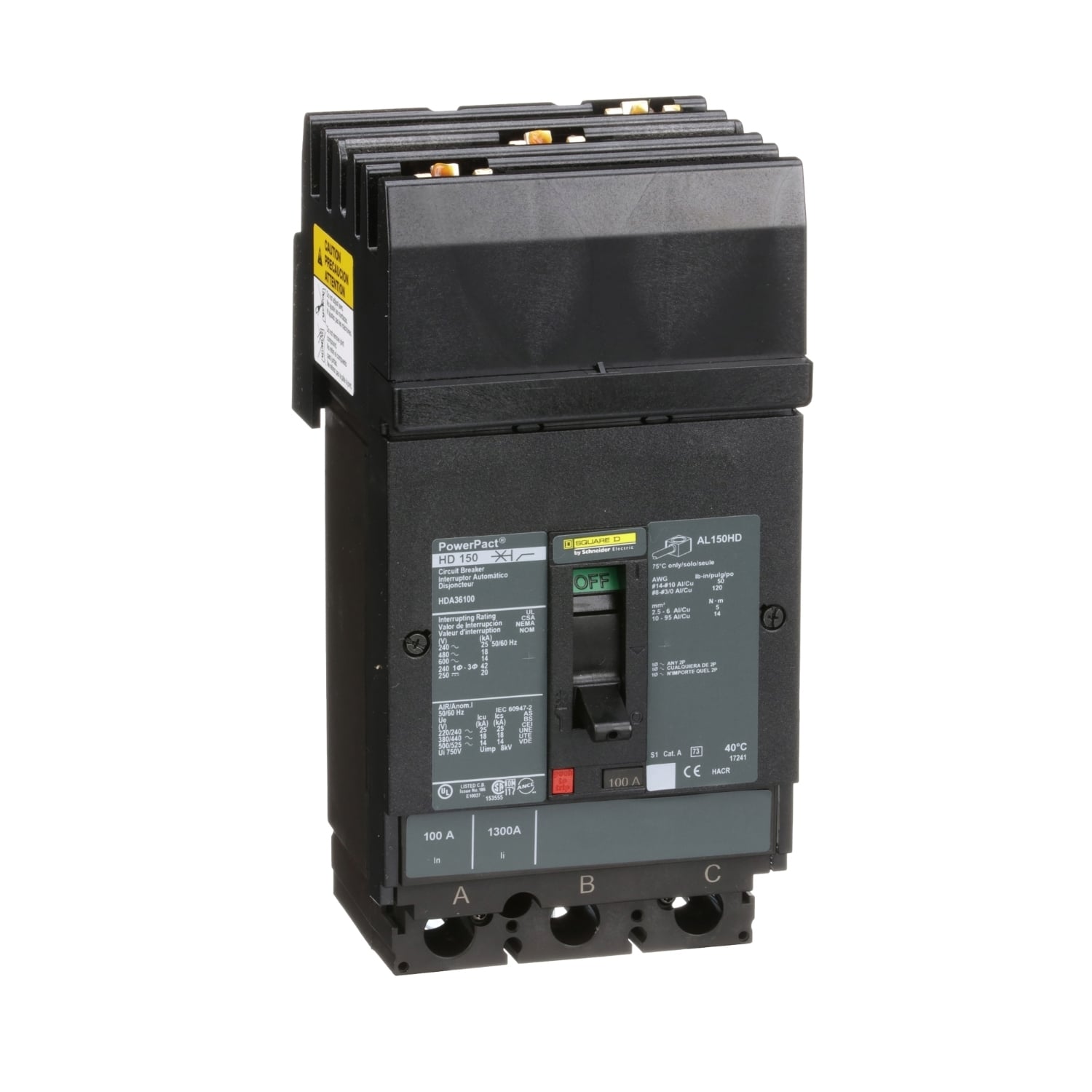 HDA36100 PowerPact 80% Rated Type HDA Molded Case Circuit Breaker, 600 V AC/250 V DC, 100 A, 25 kA at 240 VAC/18 kA at 480 VAC/14 kA at 600 VAC/20 kA at 250VDC Interrupt, 3 Poles, Thermal Magnetic Trip