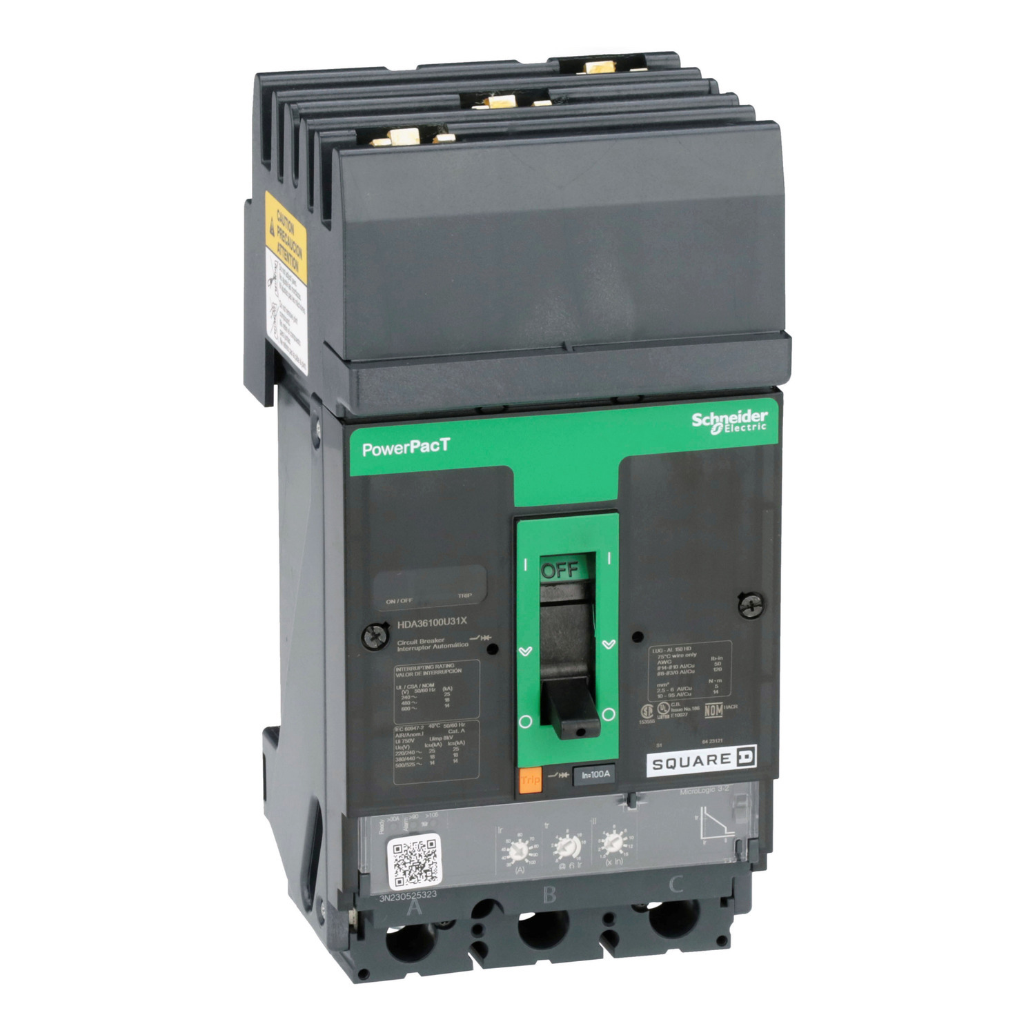 HDA36100U31X Molded Case Circuit Breaker, 100 Amp, 3 Pole, 600V