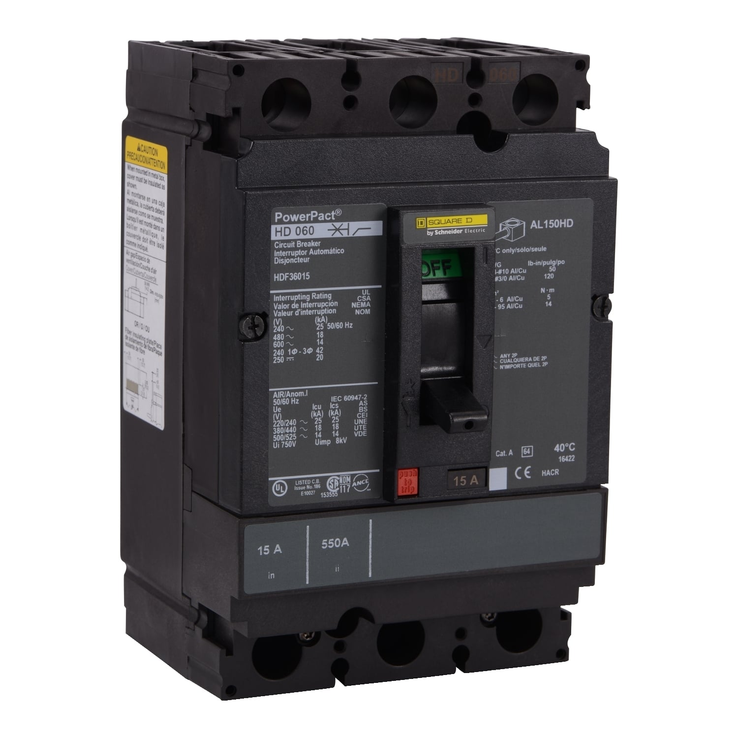 HDF36060 I-Line PowerPact Type HDF Molded Case Circuit Breaker, 600 V AC/250 V DC, 60 A, 25 kA at 240 VAC/18 kA at 480 VAC/14 kA at 600 VAC/20 kA at 250 VDC Interrupt, 3 Poles, Thermal Magnetic Trip