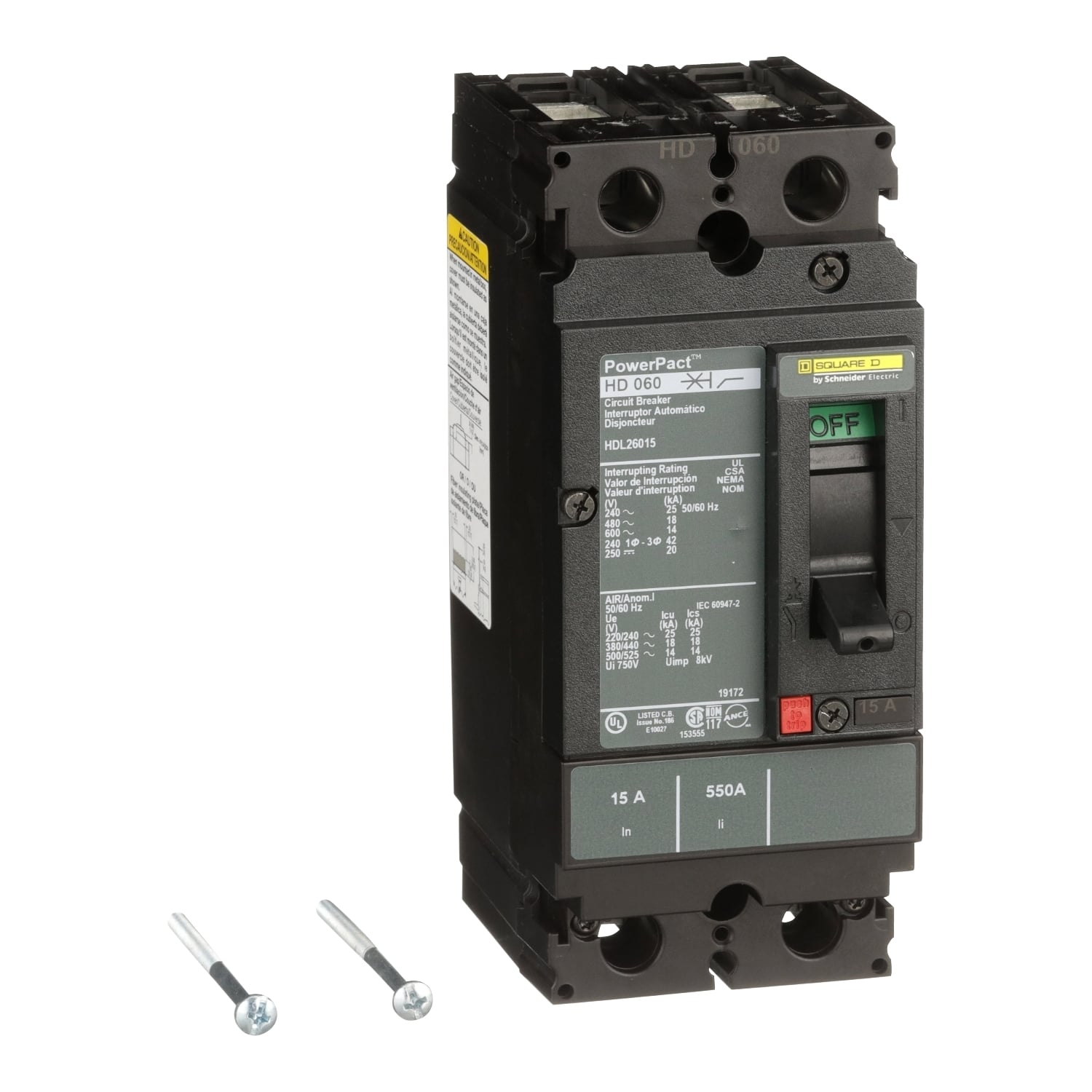 HDL26015 Hdl Molded Case Circuit Breaker, 600 V AC/250 V DC, 15 A, 25 kA at 240 VAC/18 kA at 480 VAC/14 kA at 600 VAC/20 kA at 250VDC Interrupt, 2 Poles, Thermal Magnetic Trip