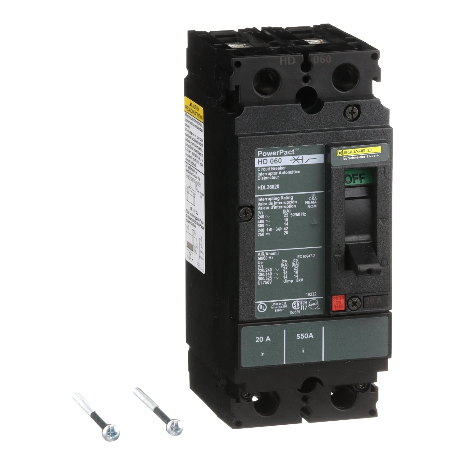 HDL26020 PowerPact 80% Rated Type HDA Molded Case Circuit Breaker, 600 V AC/250 V DC, 20 A, 25 kA at 240 VAC/18 kA at 480 VAC/14 kA at 600 VAC/20 kA at 250VDC Interrupt, 2 Poles, Thermal Magnetic Trip