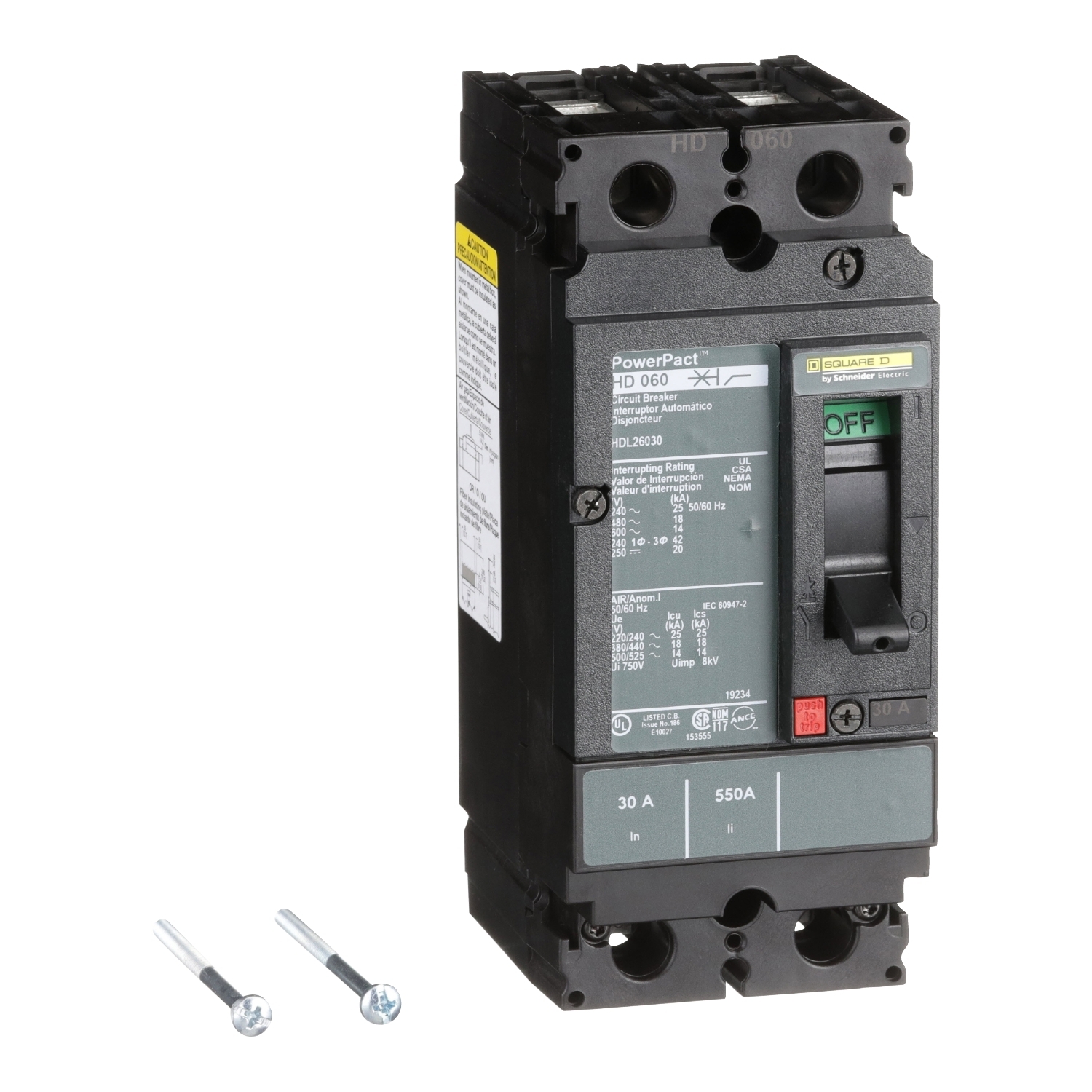 HDL26030 PowerPact 80% Rated Type HDA Molded Case Circuit Breaker, 600 V AC/250 V DC, 30 A, 25 kA at 240 VAC/18 kA at 480 VAC/14 kA at 600 VAC/20 kA at 250VDC Interrupt, 2 Poles, Thermal Magnetic Trip