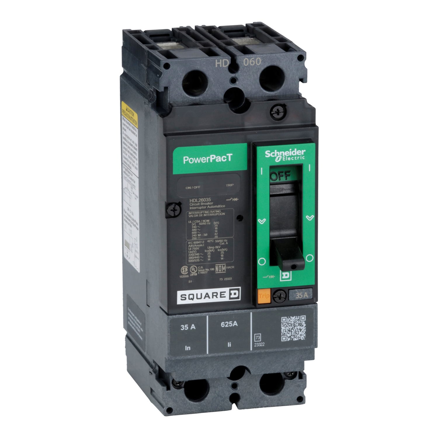 HDL26035 I-Line PowerPact 80% Rated Type HDA Molded Case Circuit Breaker, 600 V AC/250 V DC, 35 A, 18 kA at 480 VAC/25 kA at 240 VAC/14 kA at 600 VAC/20 kA at 250 VDC/250 VDC/600 VAC Interrupt, 2 Poles, Thermal Magnetic Trip