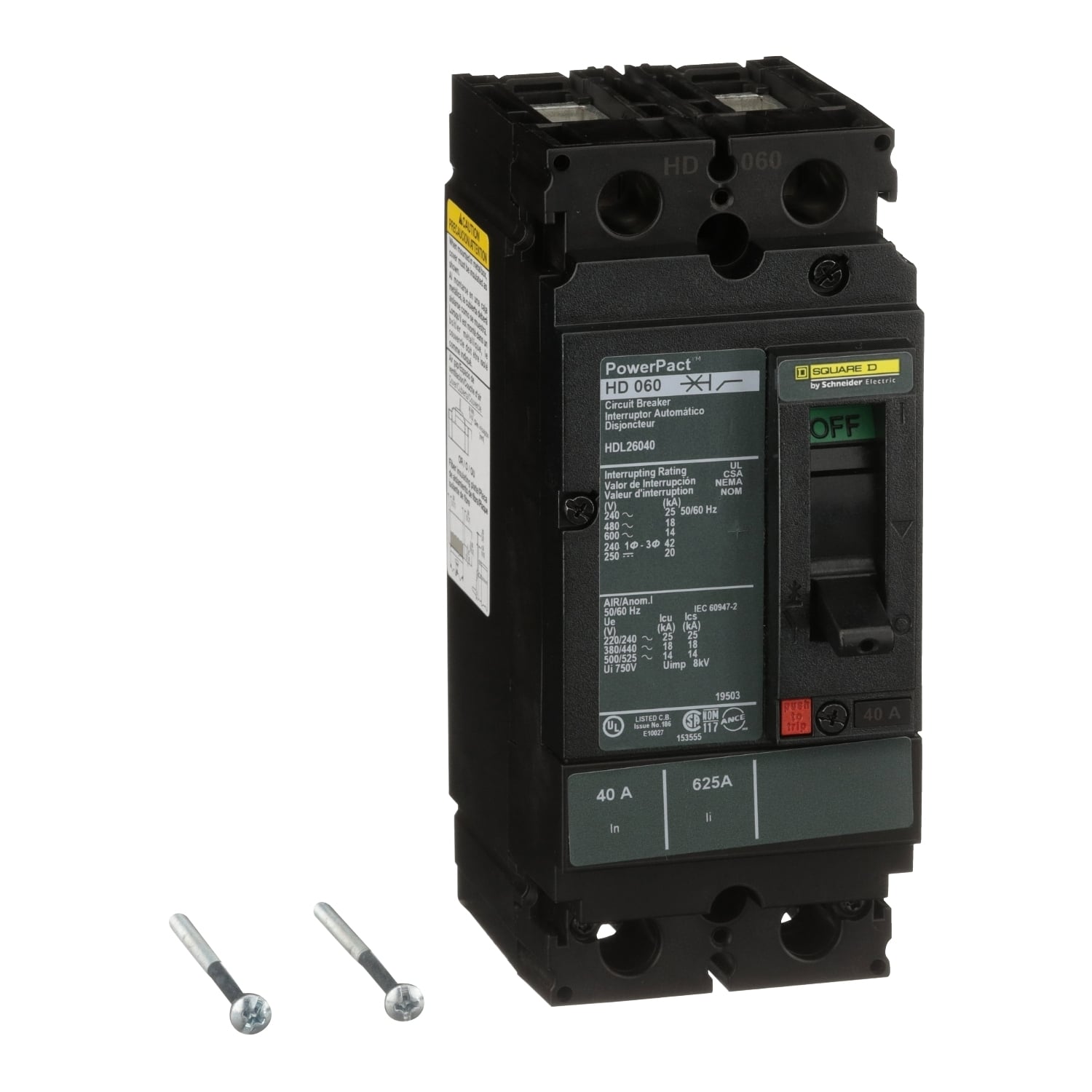 HDL26040 I-Line PowerPact 80% Rated Type HDA Molded Case Circuit Breaker, 600 V AC/250 V DC, 40 A, 25 kA at 240 VAC/18 kA at 480 VAC/14 kA at 600 VAC/20 kA at 250VDC Interrupt, 2 Poles, Thermal Magnetic Trip