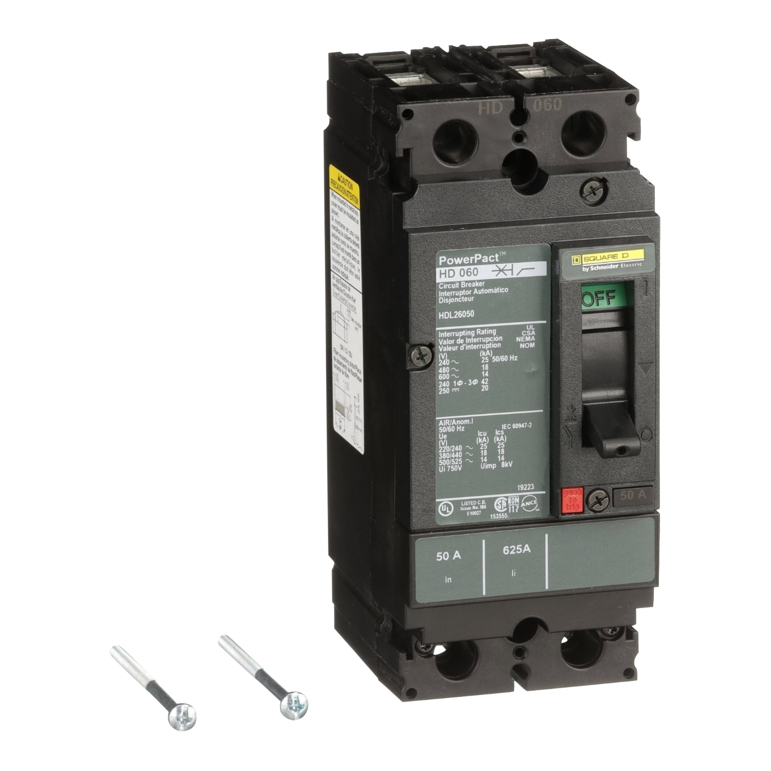 HDL26050 PowerPact 80% Rated Type HDA Molded Case Circuit Breaker, 600 V AC/250 V DC, 50 A, 25 kA at 240 VAC/18 kA at 480 VAC/14 kA at 600 VAC/20 kA at 250VDC Interrupt, 2 Poles, Thermal Magnetic Trip