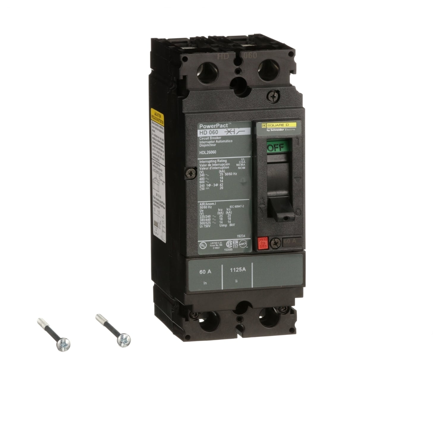 HDL26060 I-Line PowerPact Molded Case Circuit Breaker, 600 V AC, 60 A, 25 kA at 240 V AC/18 kA at 480 V AC/14 kA at 600 V AC/20 kA at 250 VDC Interrupt, 2 Poles, Thermal Magnetic Trip