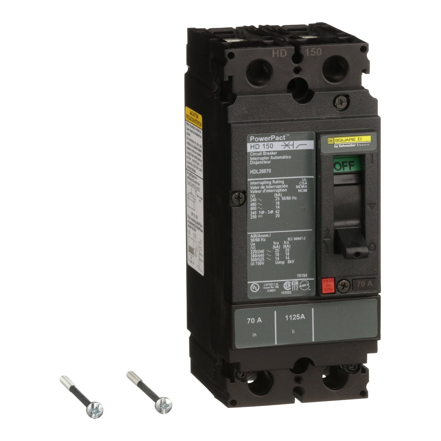 HDL26070 I-Line PowerPact 80% Rated Type HDA Molded Case Circuit Breaker, 600 V AC/250 V DC, 70 A, 18 kA at 480 VAC/25 kA at 240 VAC/14 kA at 600 VAC/20 kA at 250 VDC/250 VDC/600 VAC Interrupt, 2 Poles, Thermal Magnetic Trip