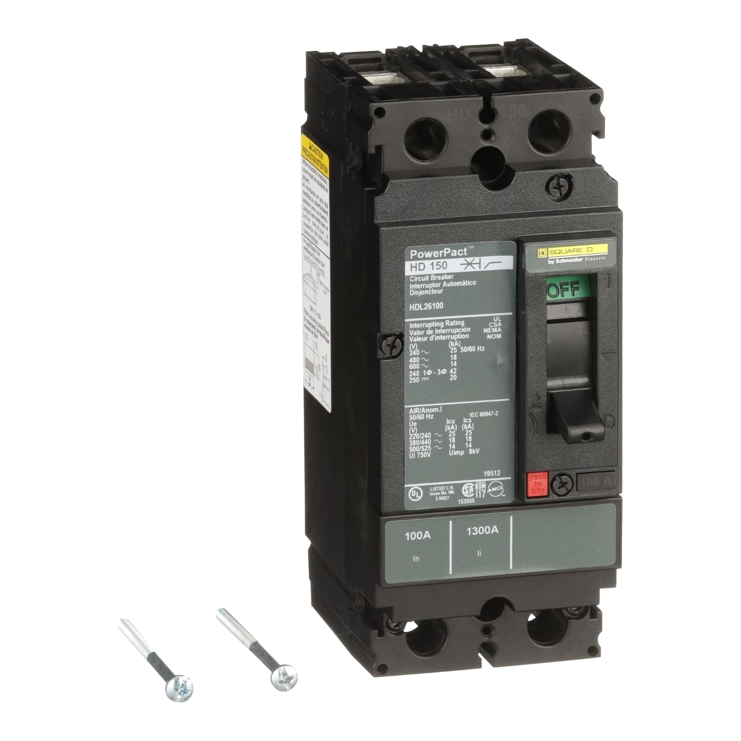 HDL26100 PowerPact 80% Rated Type HDA Molded Case Circuit Breaker, 600 V AC/250 V DC, 100 A, 25 kA at 240 VAC/18 kA at 480 VAC/14 kA at 600 VAC/20 kA at 250VDC Interrupt, 2 Poles, Thermal Magnetic Trip