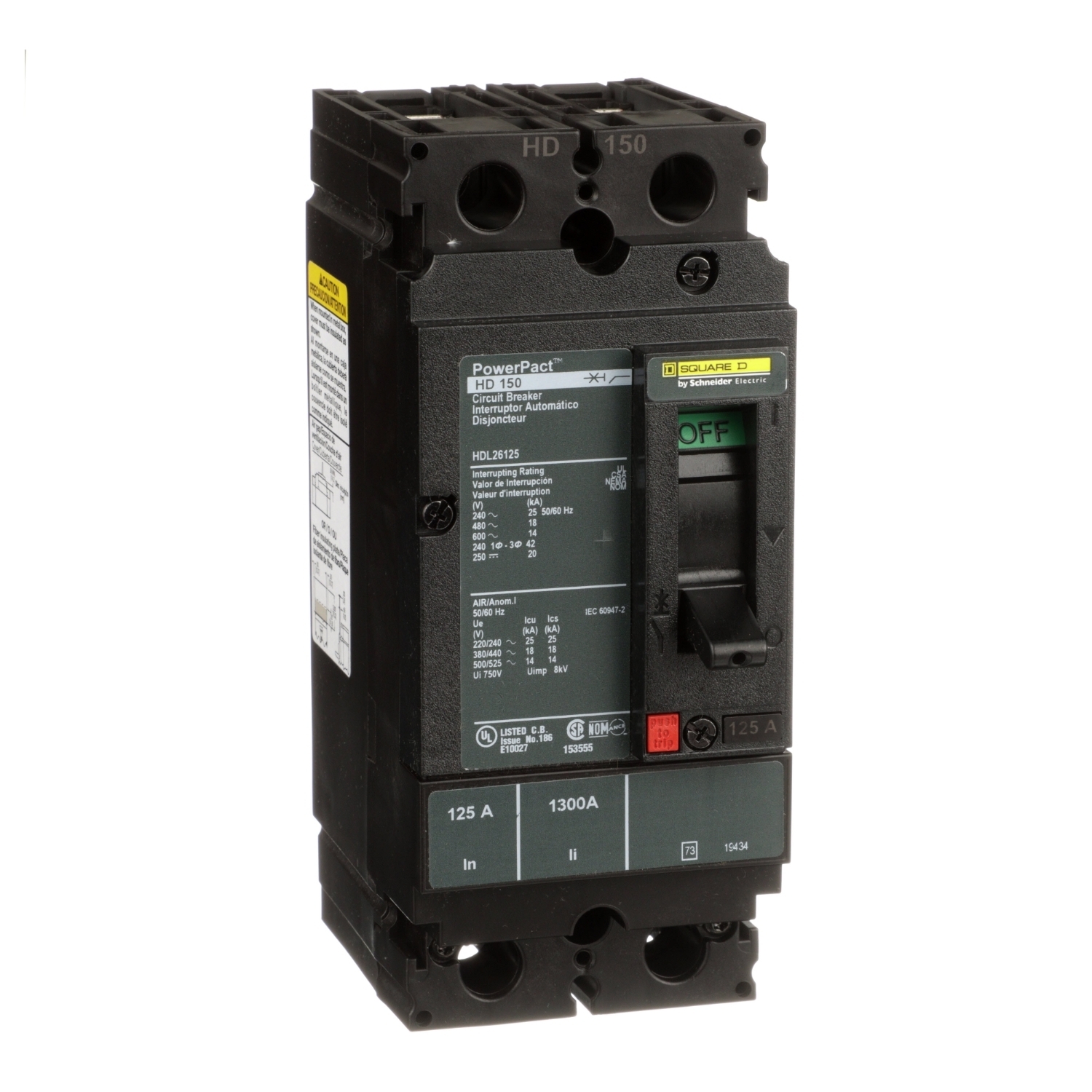 HDL26125 I-Line PowerPact 80% Rated Type HDA Molded Case Circuit Breaker, 600 V AC/250 V DC, 125 A, 25 kA at 240 VAC/18 kA at 480 VAC/14 kA at 600 VAC/20 kA at 250VDC Interrupt, 2 Poles, Thermal Magnetic Trip