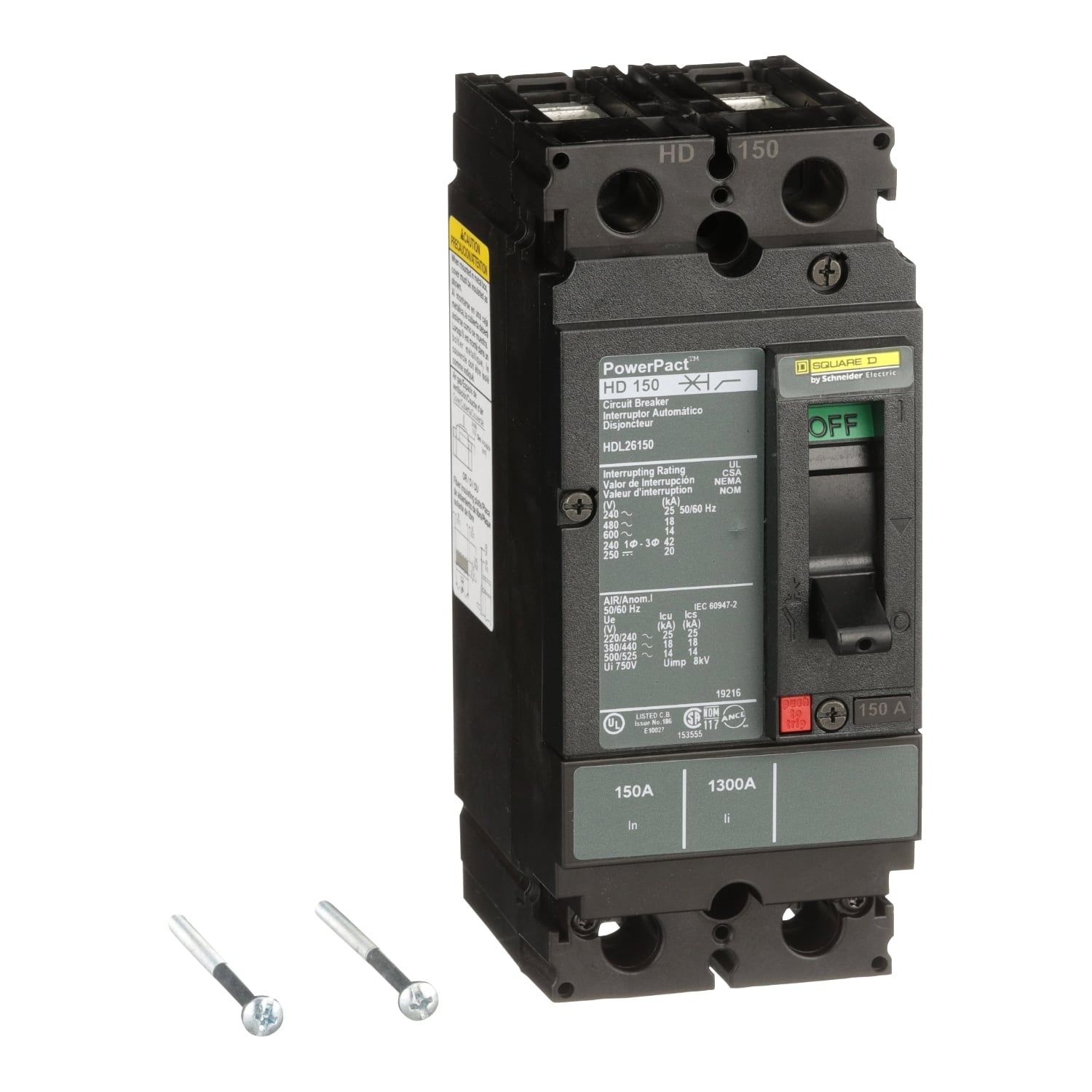 HDL26150 I-Line PowerPact 80% Rated Type HDA Molded Case Circuit Breaker, 600 V AC/250 V DC, 150 A, 25 kA at 240 VAC/18 kA at 480 VAC/14 kA at 600 VAC/20 kA at 250VDC Interrupt, 2 Poles, Thermal Magnetic Trip