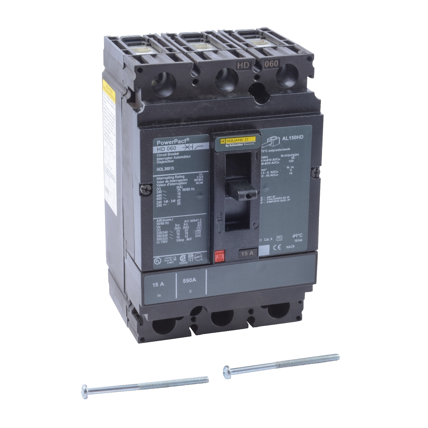 HDL36015 PowerPact 80% Rated Type HDA Molded Case Circuit Breaker, 600 V AC/250 V DC, 15 A, 25 kA at 240 VAC/18 kA at 480 VAC/14 kA at 600 VAC/20 kA at 250VDC Interrupt, 3 Poles, Thermal Magnetic Trip