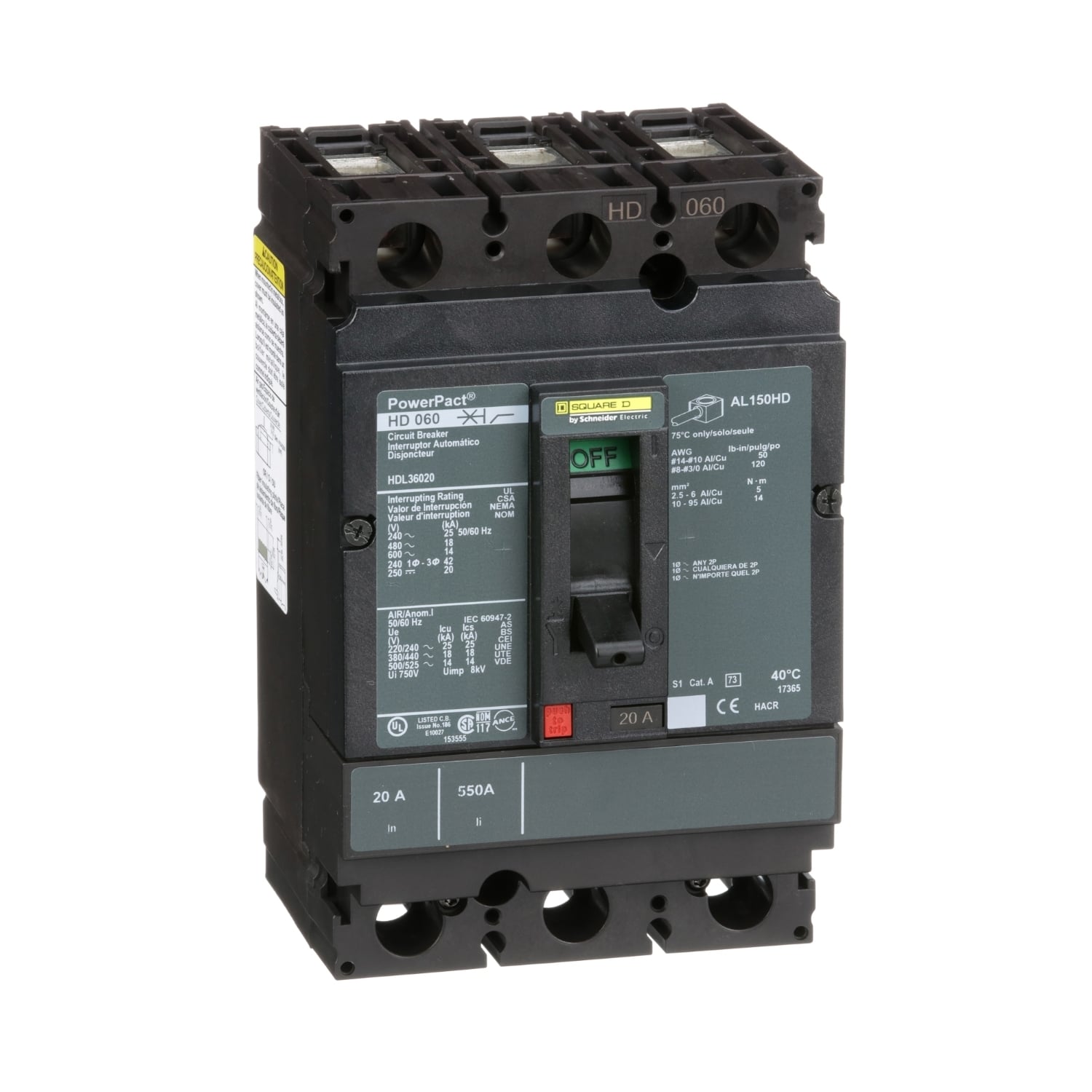 HDL36020 PowerPact 80% Rated Type HDA Molded Case Circuit Breaker, 600 V AC/250 V DC, 20 A, 25 kA at 240 VAC/18 kA at 480 VAC/14 kA at 600 VAC/20 kA at 250VDC Interrupt, 3 Poles, Thermal Magnetic Trip