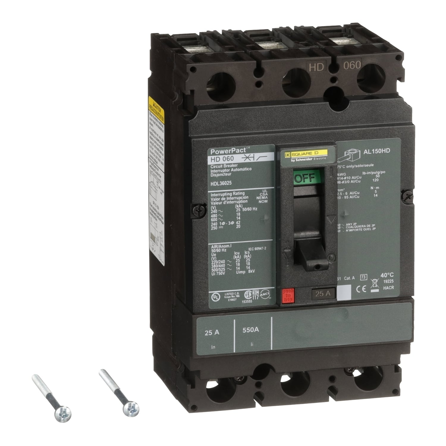 HDL36025 HDL Hda Molded Case Circuit Breaker, 600 V AC/250 V DC, 25 A, 14 to 20 kA Interrupt, 3 Poles, Thermal Magnetic Trip