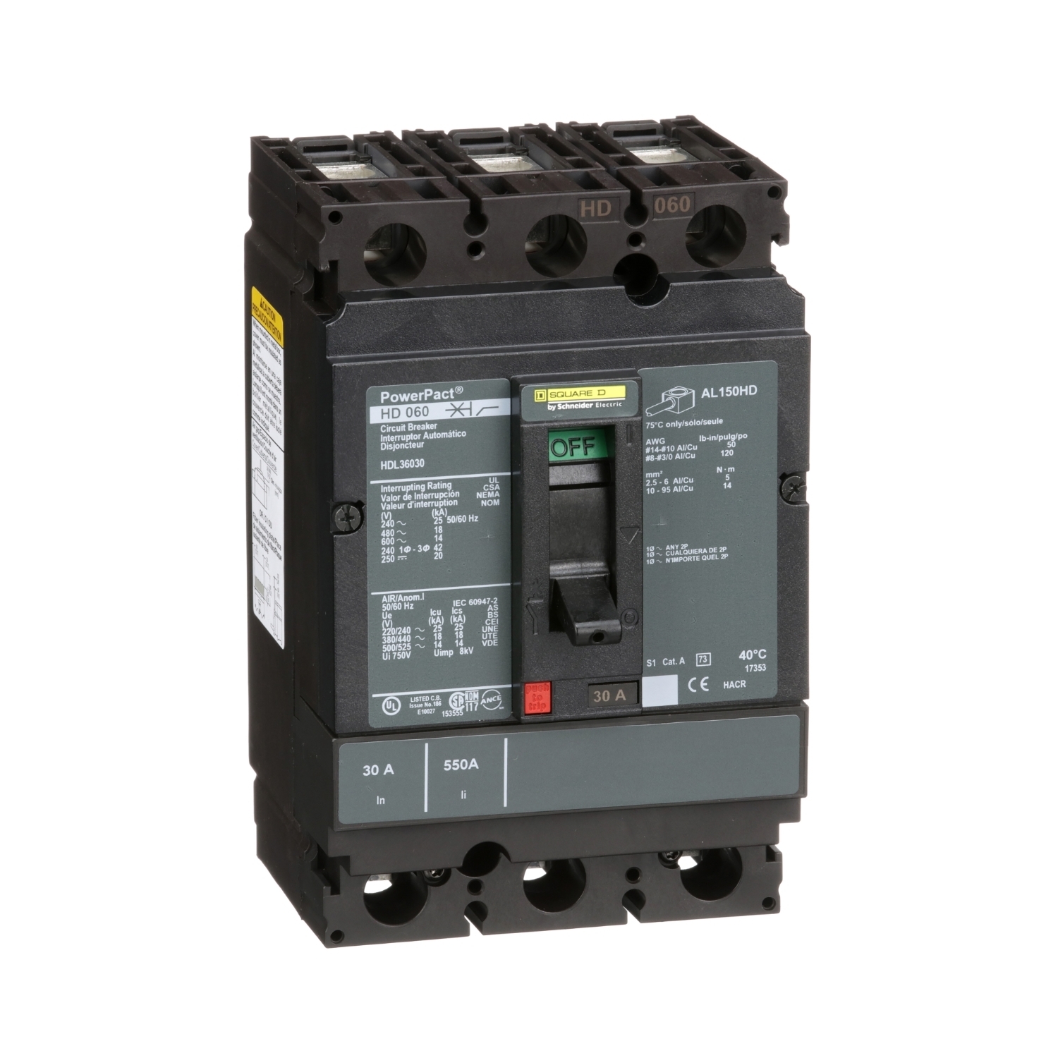 HDL36030 PowerPact 80% Rated Type HDA Molded Case Circuit Breaker, 600 V AC/250 V DC, 30 A, 25 kA at 240 VAC/18 kA at 480 VAC/14 kA at 600 VAC/20 kA at 250VDC Interrupt, 3 Poles, Thermal Magnetic Trip