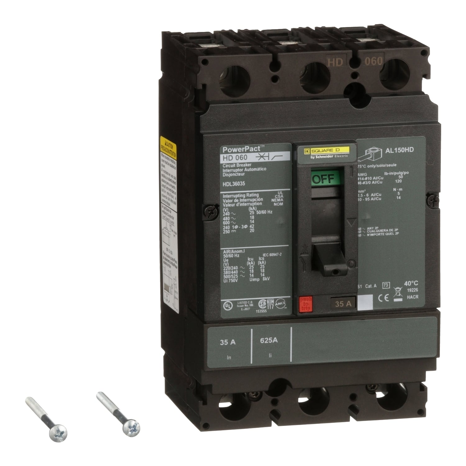 HDL36035 HDL 80% Rated Type HDA 3-Pole Molded Case Circuit Breaker, 600 V AC/250 V DC, 35 A, 14 to 20 kA Interrupt, 3 Poles, Thermal Magnetic Trip