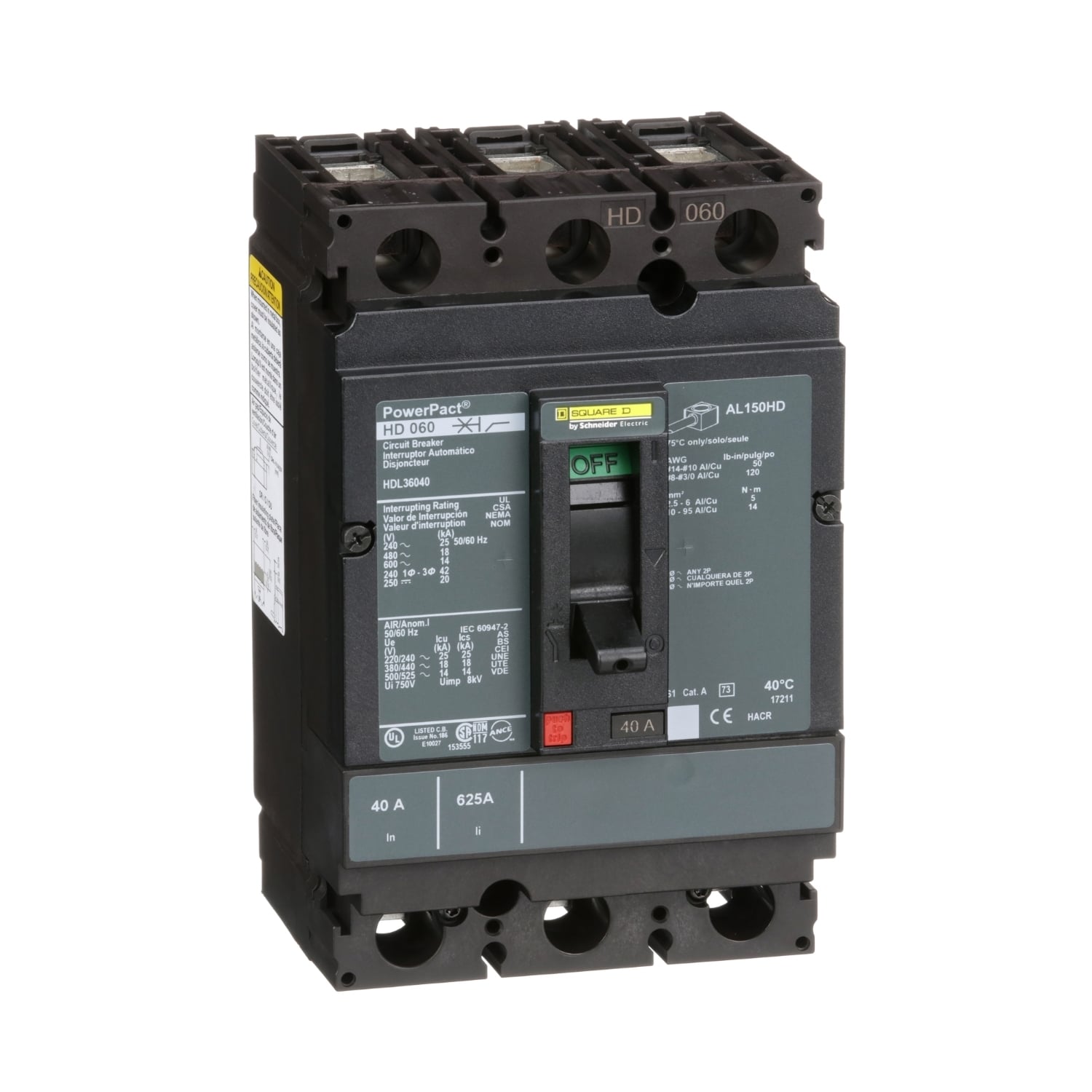 HDL36040 HDL 80% Rated Type HDA 3-Pole Molded Case Circuit Breaker, 600 V AC/250 V DC, 40 A, 14 to 20 kA Interrupt, 3 Poles, Thermal Magnetic Trip