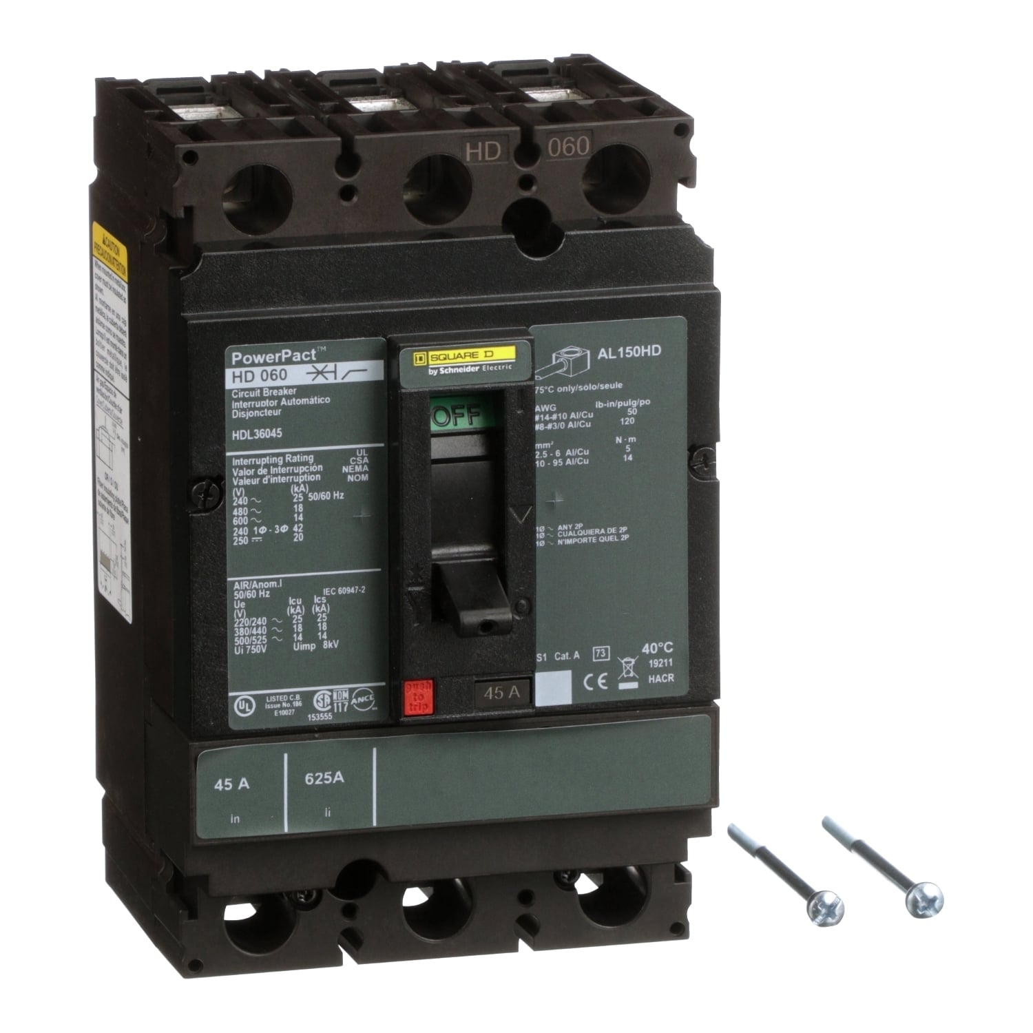 HDL36045 I-Line PowerPact 80% Rated Type HDA Molded Case Circuit Breaker, 600 V AC/250 V DC, 45 A, 25 kA at 240 VAC/18 kA at 480 VAC/14 kA at 600 VAC/20 kA at 250VDC Interrupt, 3 Poles, Thermal Magnetic Trip