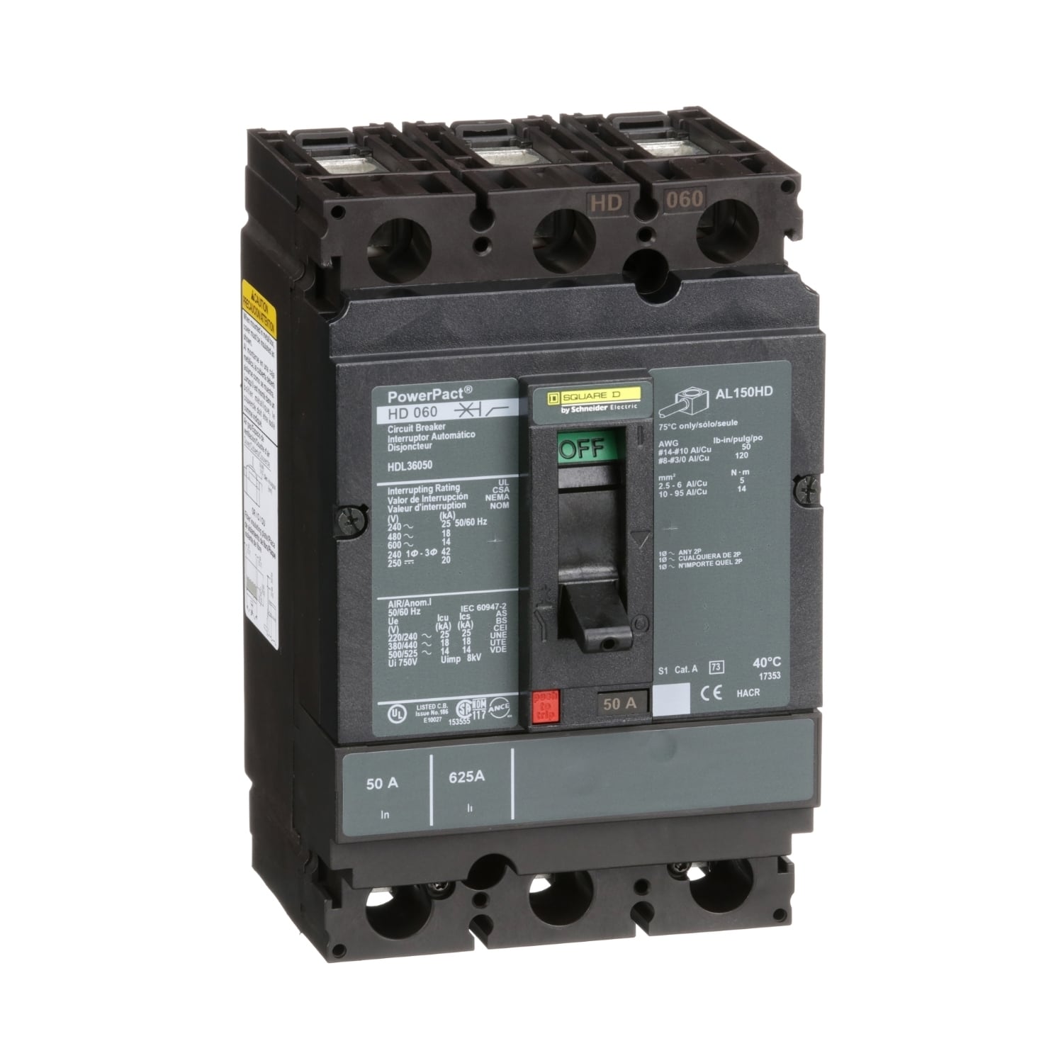 HDL36050 HDL Hda Molded Case Circuit Breaker, 600 V AC/250 V DC, 50 A, 25 kA at 240 VAC/18 kA at 480 VAC/14 kA at 600 VAC/20 kA at 250VDC Interrupt, 3 Poles, Thermal Magnetic Trip