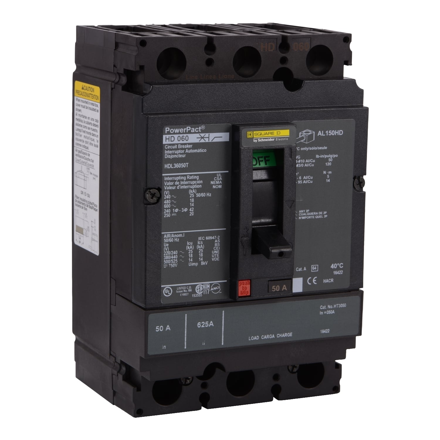 HDL36050T I-Line PowerPact Molded Case Circuit Breaker, 600 V AC, 50 A, 25 kA at 240 V AC/18 kA at 480 V AC/14 kA at 600 V AC/20 kA at 250 VDC Interrupt, 3 Poles, Thermal Magnetic Trip