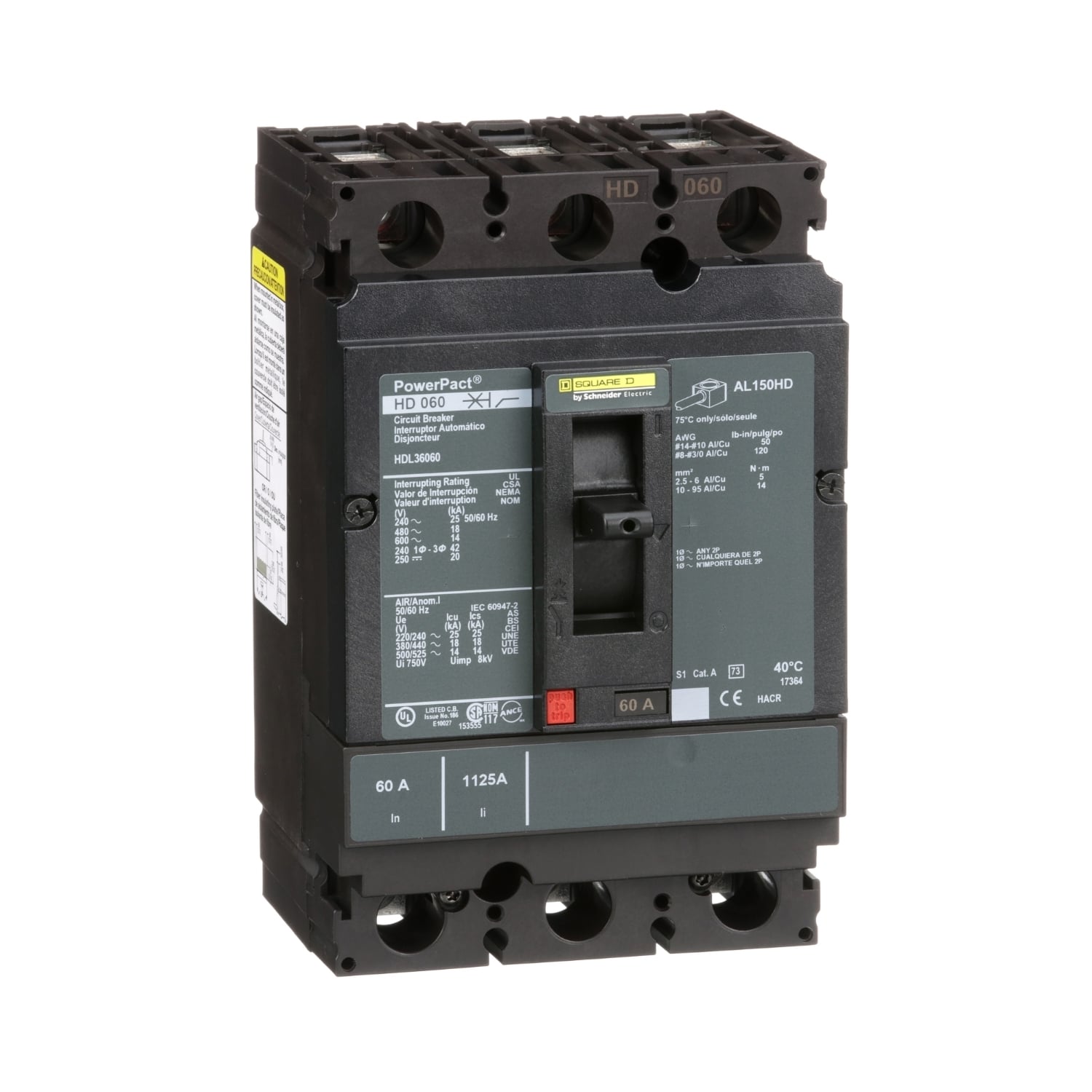 HDL36060 PowerPact 80% Rated Type HDA Molded Case Circuit Breaker, 600 V AC/250 V DC, 60 A, 25 kA at 240 VAC/18 kA at 480 VAC/14 kA at 600 VAC/20 kA at 250VDC Interrupt, 3 Poles, Thermal Magnetic Trip