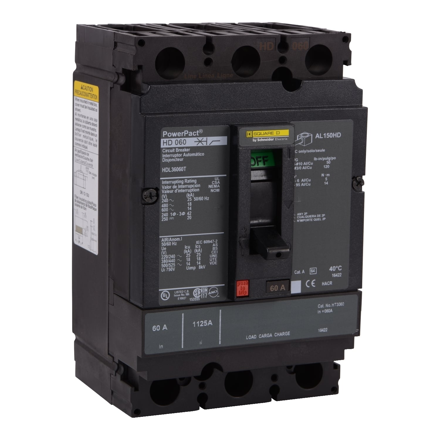 HDL36060T I-Line PowerPact Type HDL Complete Molded Case Circuit Breaker, 600 V AC/250 V DC, 60 A, 25 kA at 240 VAC/18 kA at 480 VAC/14 kA at 600 VAC/20 kA at 250 VDC Interrupt, 3 Poles, Thermal Magnetic Trip