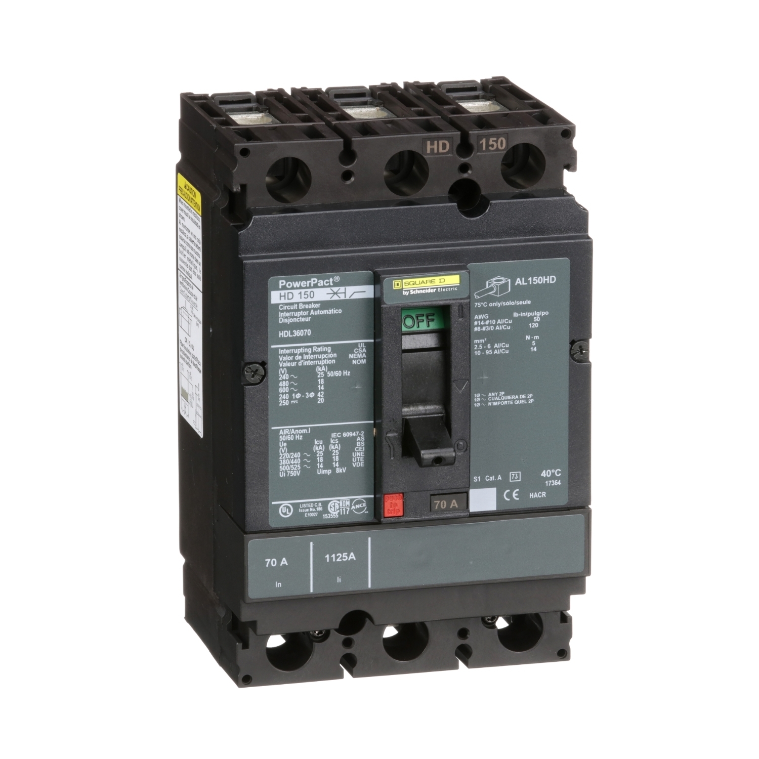 HDL36070 HDL Hda Molded Case Circuit Breaker, 600 V AC/250 V DC, 70 A, 25 kA at 240 VAC/18 kA at 480 VAC/14 kA at 600 VAC/20 kA at 250VDC Interrupt, 3 Poles, Thermal Magnetic Trip