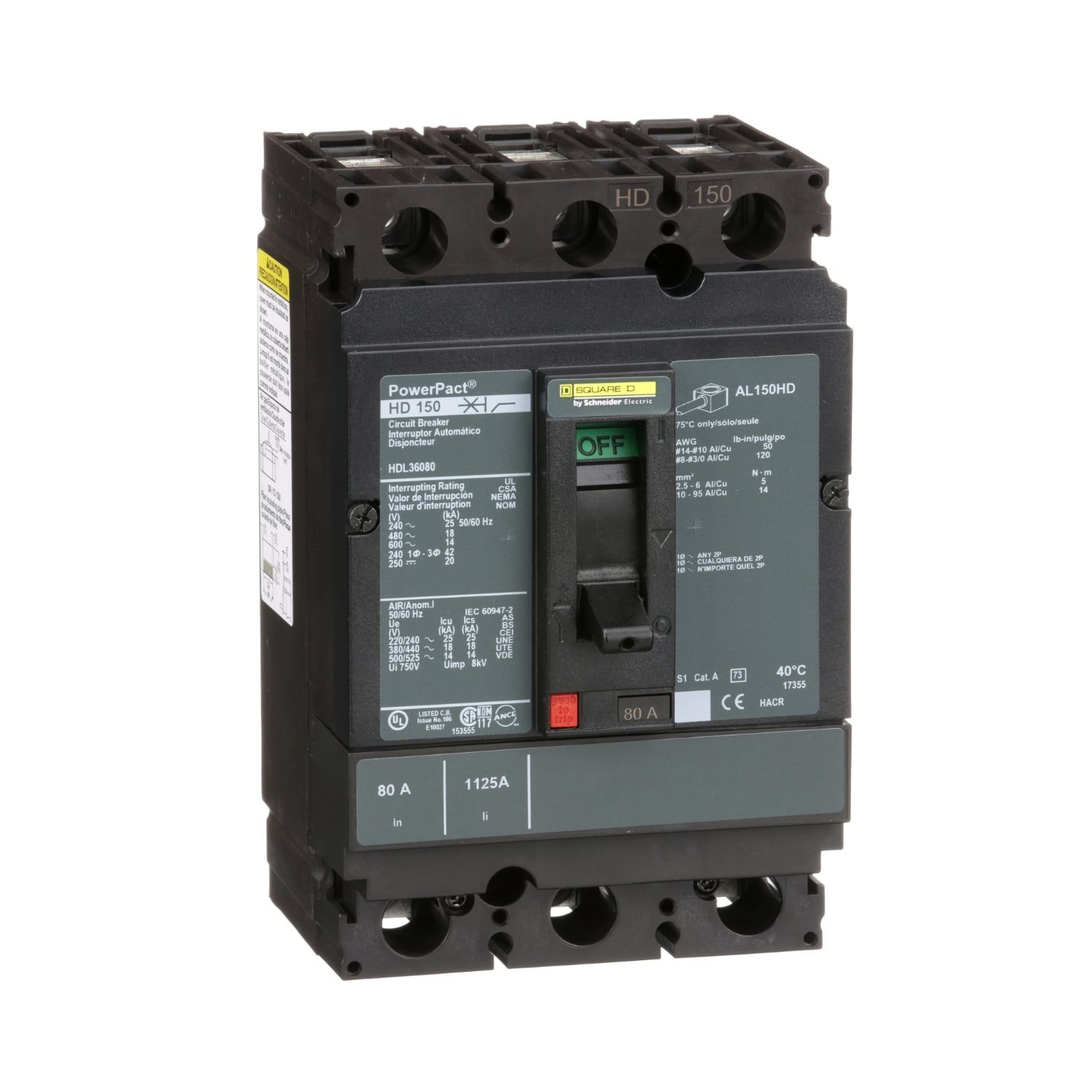 HDL36080 PowerPact 80% Rated Type HDA Molded Case Circuit Breaker, 600 V AC/250 V DC, 80 A, 25 kA at 240 VAC/18 kA at 480 VAC/14 kA at 600 VAC/20 kA at 250VDC Interrupt, 3 Poles, Thermal Magnetic Trip