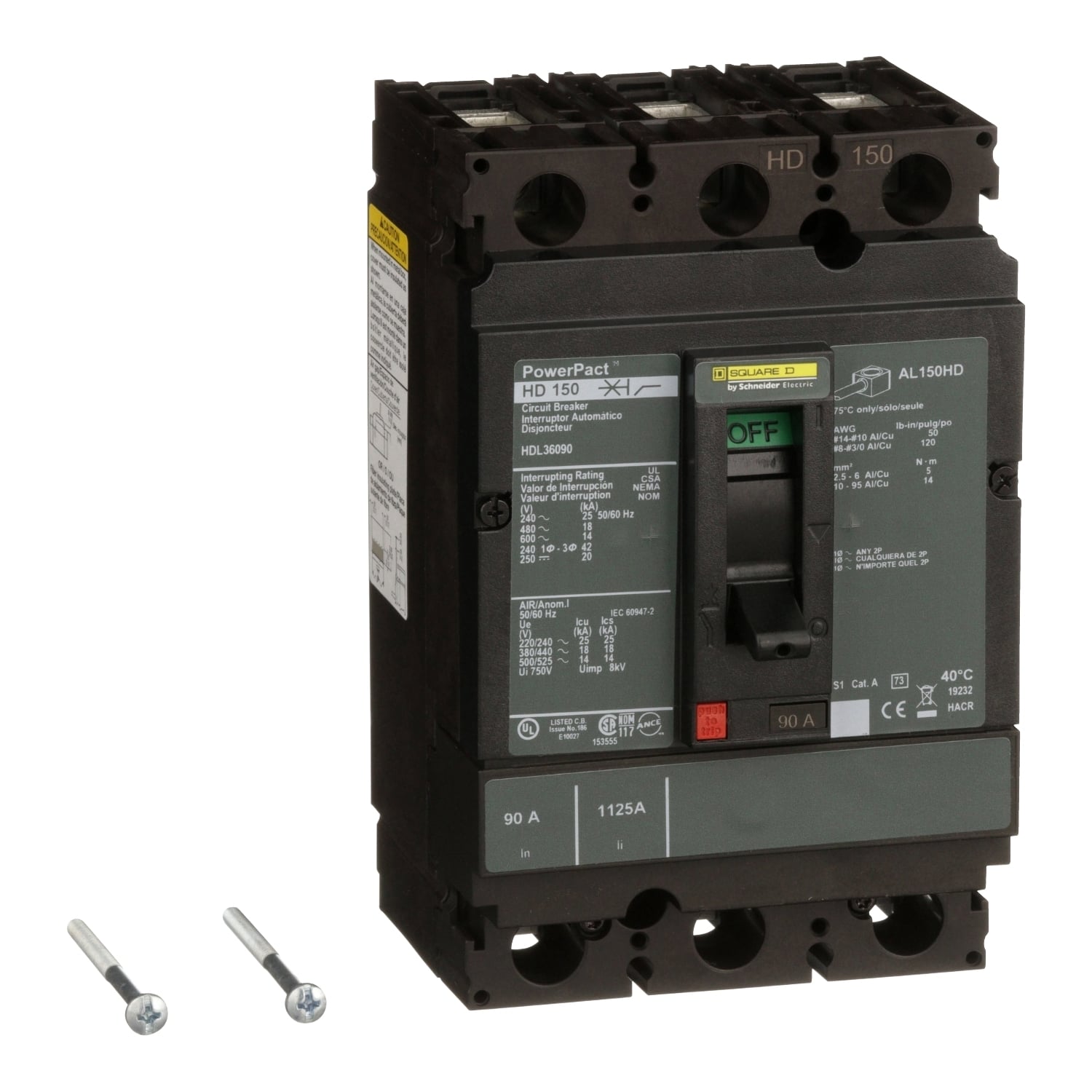 HDL36090 PowerPact 80% Rated Type HDA Molded Case Circuit Breaker, 600 V AC/250 V DC, 90 A, 25 kA at 240 VAC/18 kA at 480 VAC/14 kA at 600 VAC/20 kA at 250VDC Interrupt, 3 Poles, Thermal Magnetic Trip