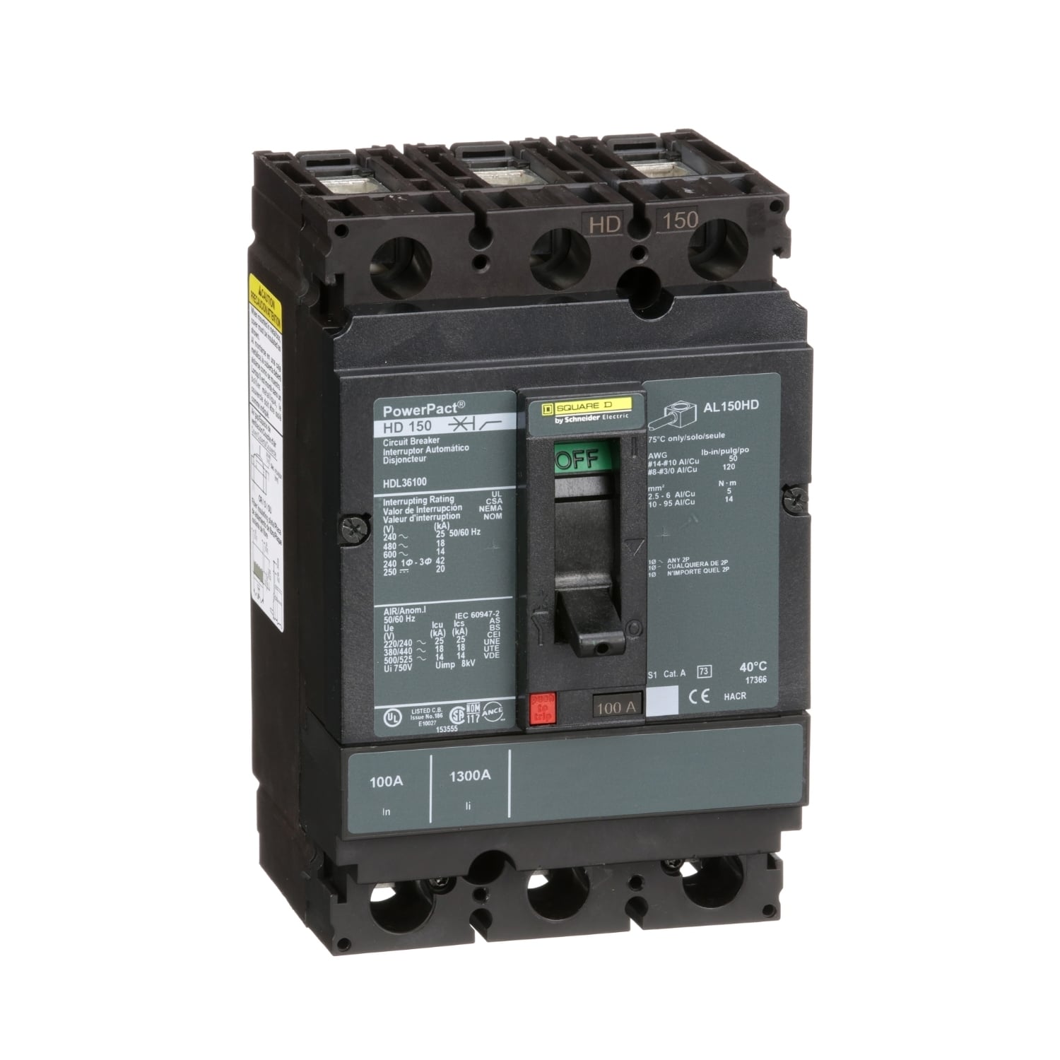 HDL36100 PowerPact 80% Rated Type HDA Molded Case Circuit Breaker, 600 V AC/250 V DC, 100 A, 25 kA at 240 VAC/18 kA at 480 VAC/14 kA at 600 VAC/20 kA at 250VDC Interrupt, 3 Poles, Thermal Magnetic Trip