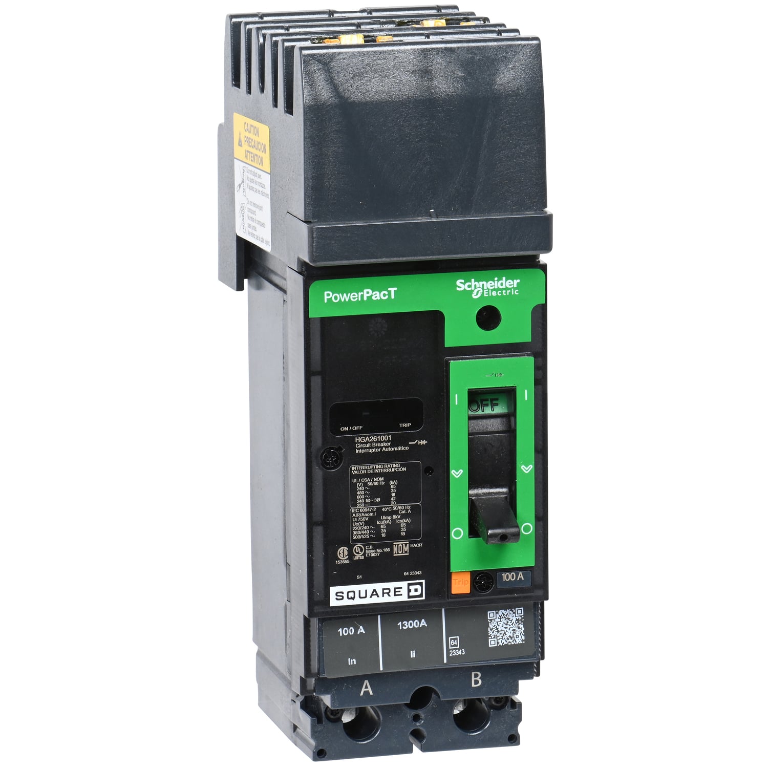 HGA261001 I-Line PowerPact H Type HGA Molded Case Circuit Breaker, 600 V AC/250 to 500 V DC, 100 A, 18/20/35/65 kA Interrupt, 2 Poles, Thermal Magnetic Trip