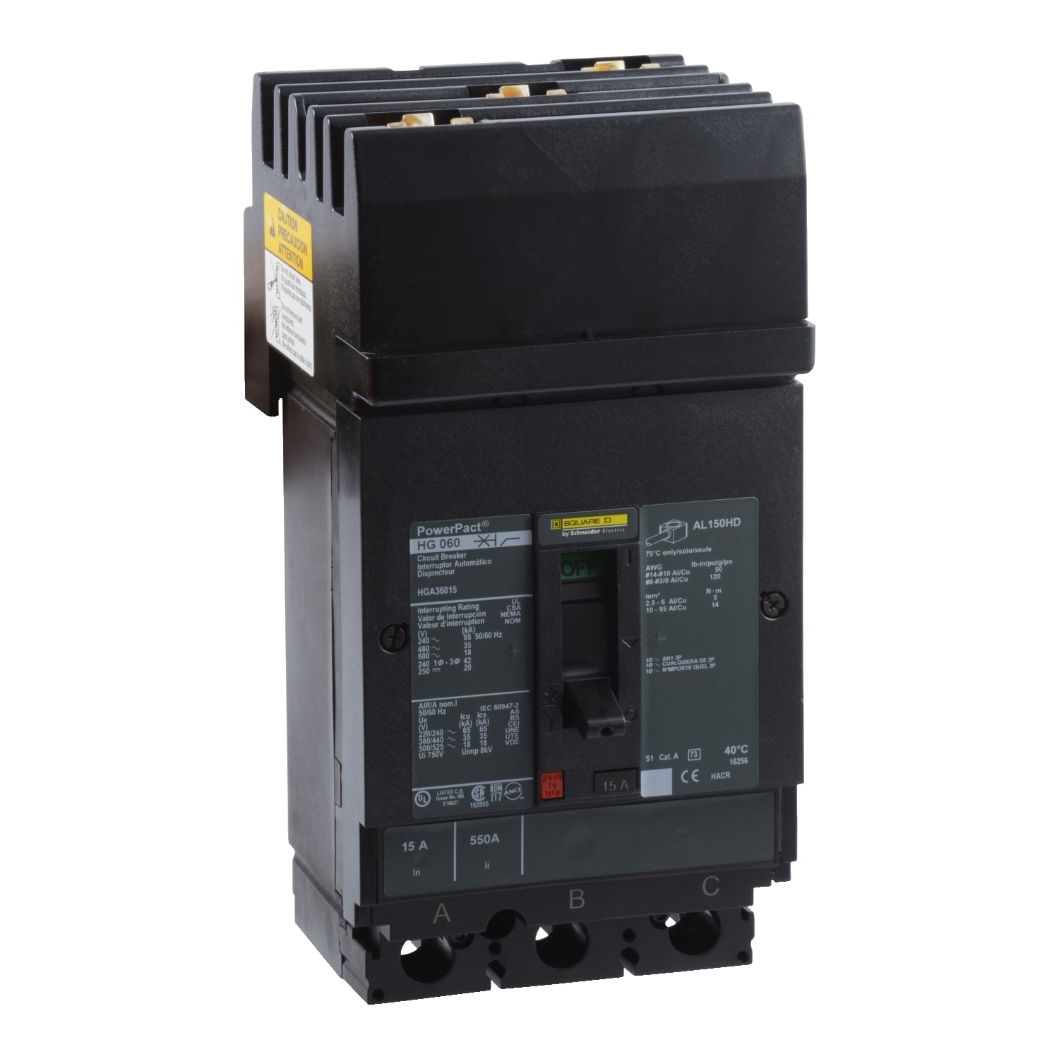HGA36015 PowerPact 80% Rated Type HGA Molded Case Circuit Breaker, 600 V AC/250 V DC, 15 A, 65 kA at 240 VAC/35 kA at 480 VAC/18 kA at 600 VAC/20 kA at 250VDC Interrupt, 3 Poles, Thermal Magnetic Trip