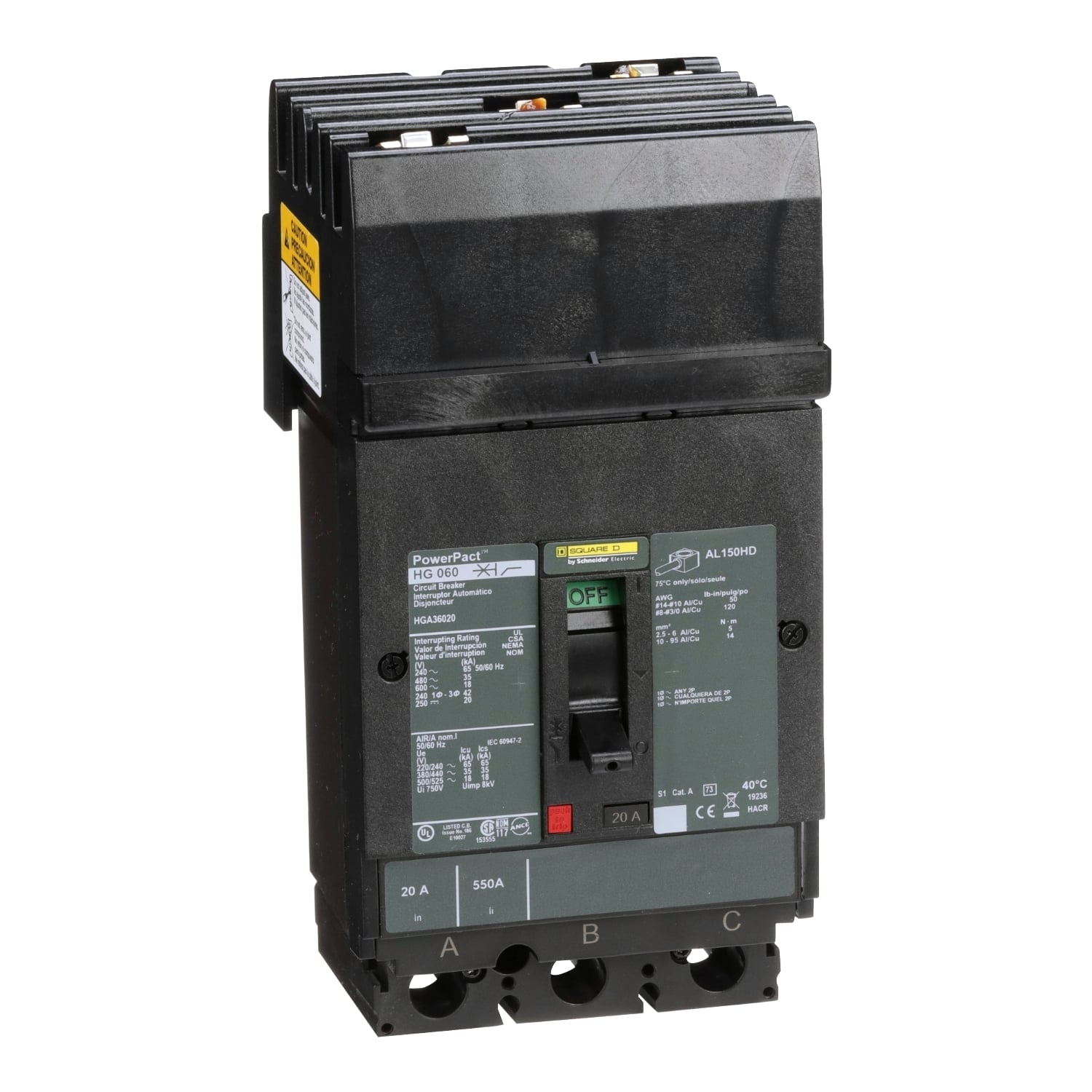 HGA36020 PowerPact 80% Rated Type HGA Molded Case Circuit Breaker, 600 V AC/250 V DC, 20 A, 65 kA at 240 VAC/35 kA at 480 VAC/18 kA at 600 VAC/20 kA at 250VDC Interrupt, 3 Poles, Thermal Magnetic Trip