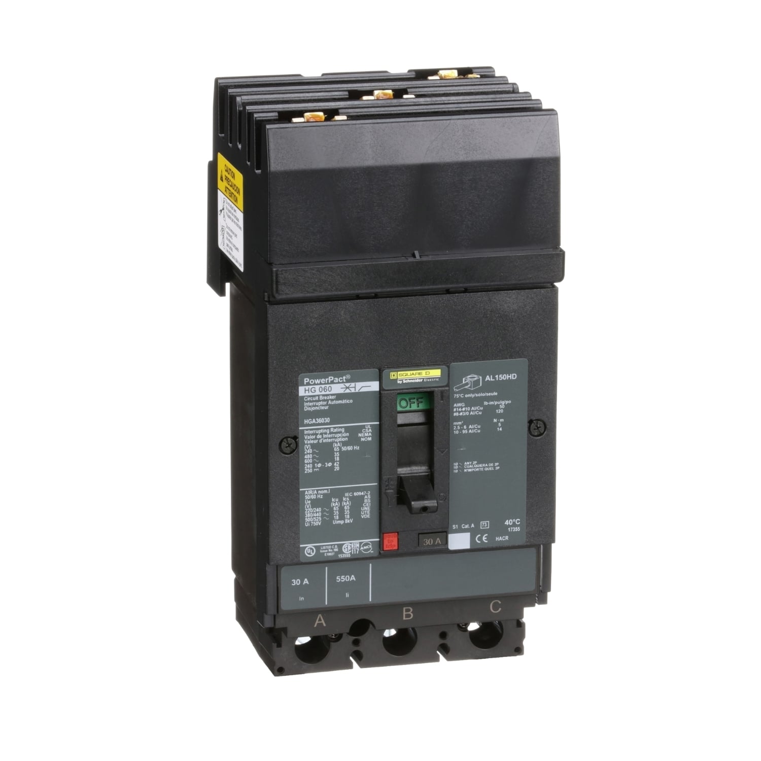 HGA36030 PowerPact 80% Rated Type HGA Molded Case Circuit Breaker, 600 V AC/250 V DC, 30 A, 65 kA at 240 VAC/35 kA at 480 VAC/18 kA at 600 VAC/20 kA at 250VDC Interrupt, 3 Poles, Thermal Magnetic Trip