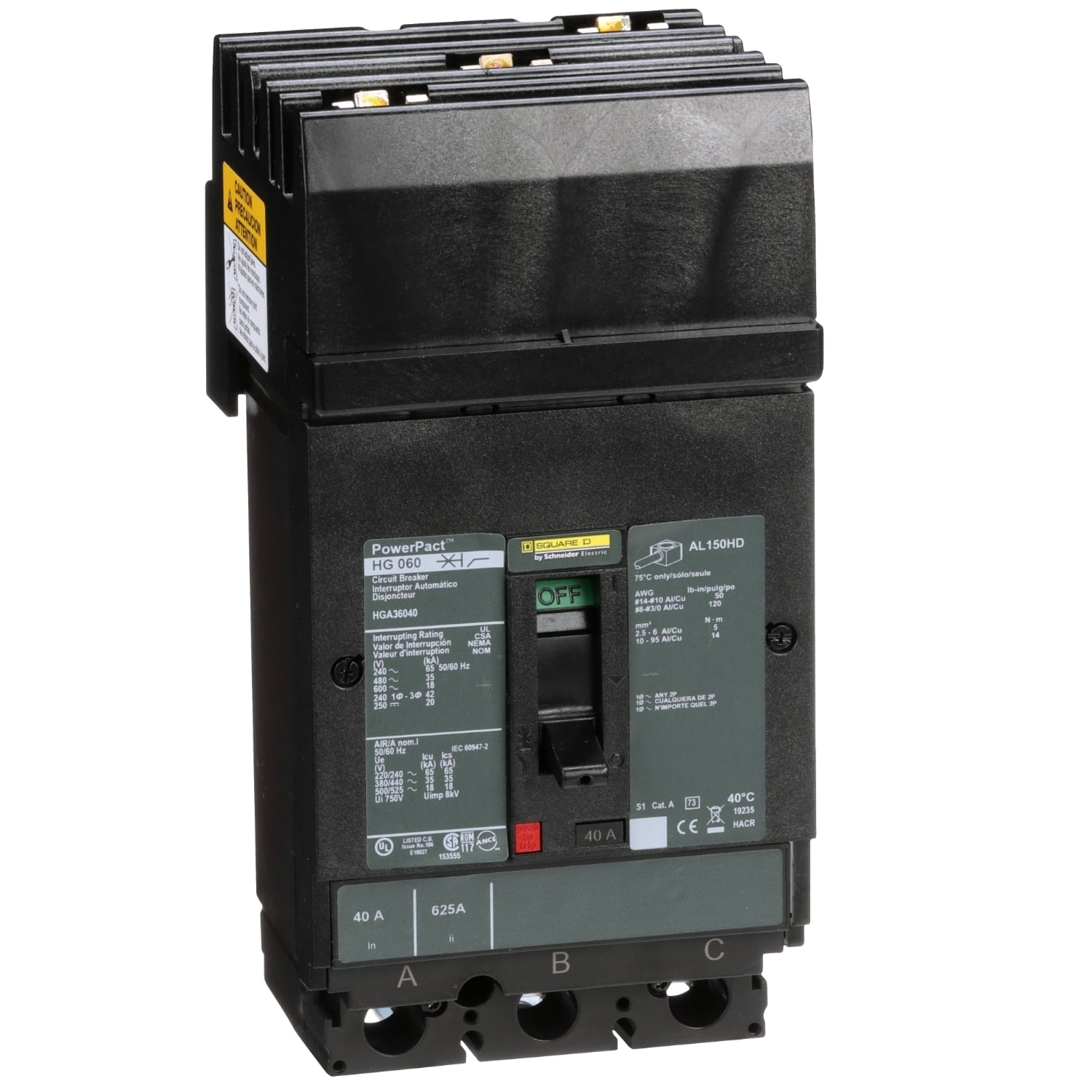 HGA36040 PowerPact 80% Rated Type HGA Molded Case Circuit Breaker, 600 V AC/250 V DC, 40 A, 65 kA at 240 VAC/35 kA at 480 VAC/18 kA at 600 VAC/20 kA at 250VDC Interrupt, 3 Poles, Thermal Magnetic Trip