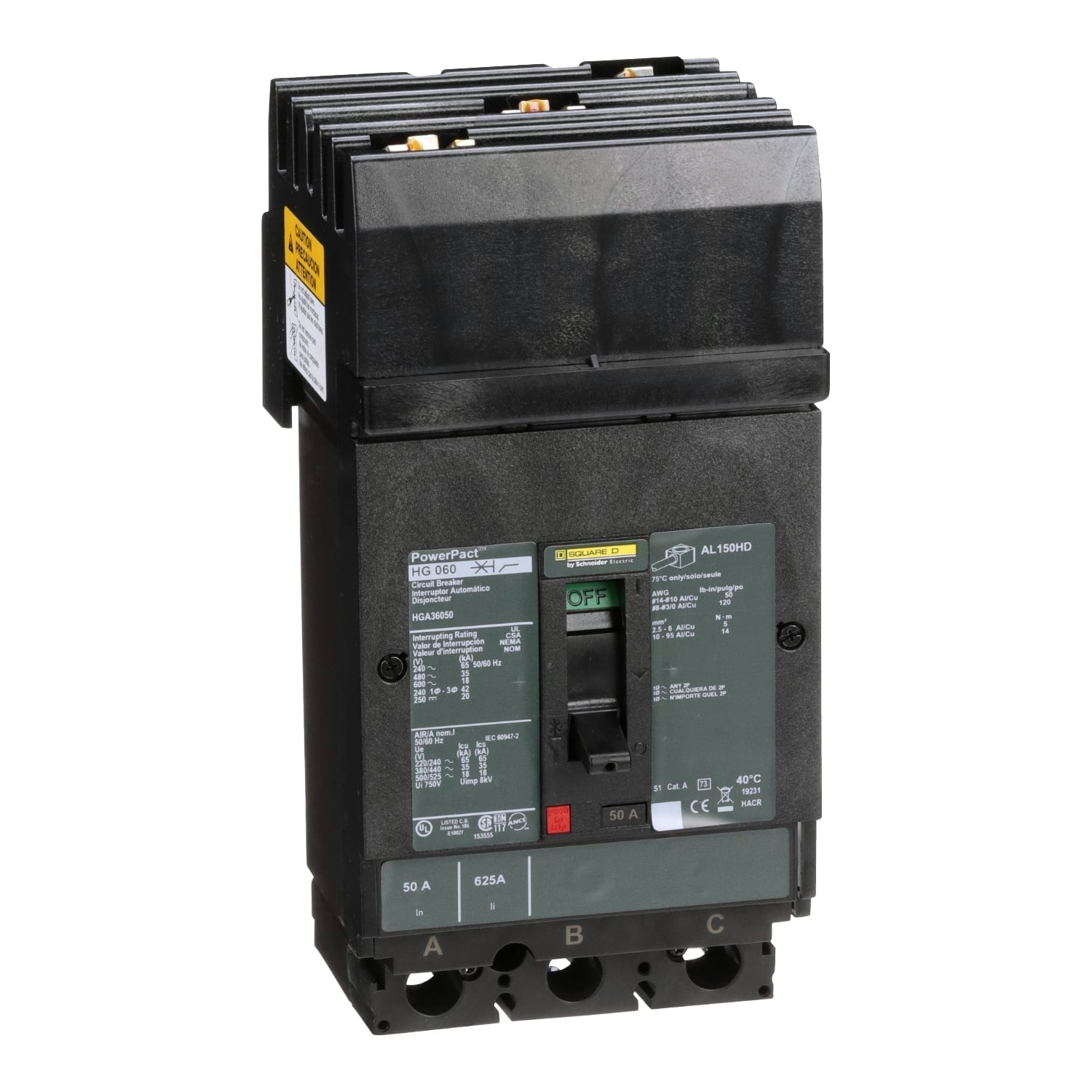 HGA36050 HGA Molded Case Circuit Breaker, 600 V AC/250/500 V DC, 50 A, 18 to 20 kA Interrupt, 3 Poles, Thermal Magnetic Trip