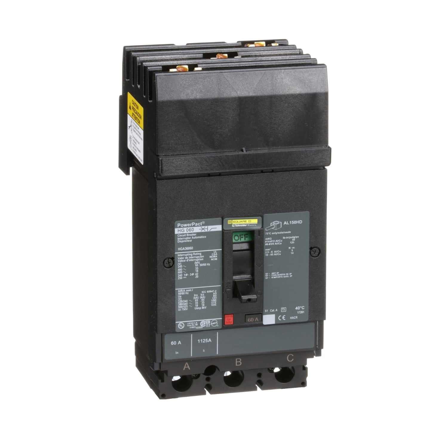 HGA36060 HGA Molded Case Circuit Breaker, 600 V AC/250 V DC, 60 A, 65 kA at 240 VAC/35 kA at 480 VAC/18 kA at 600 VAC/20 kA at 250VDC Interrupt, 3 Poles, Thermal Magnetic Trip