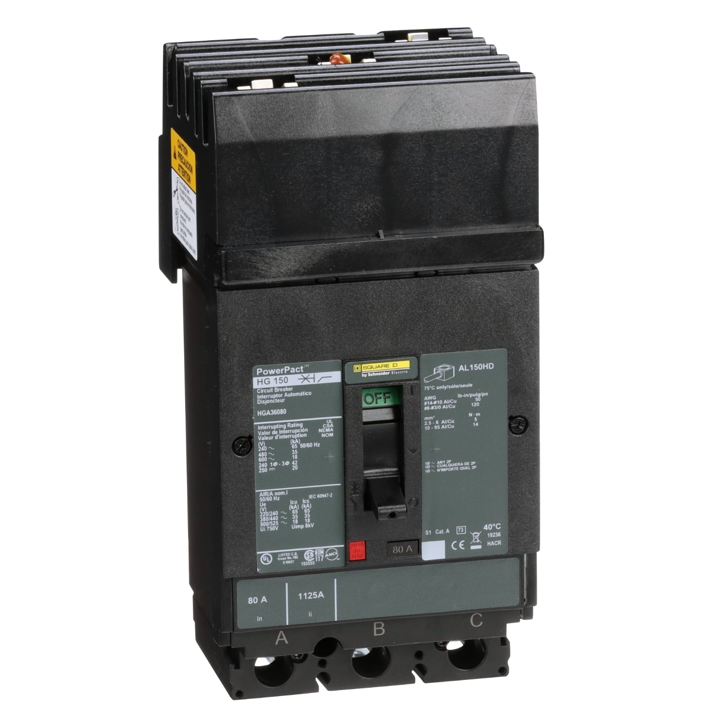 HGA36080 HGA Molded Case Circuit Breaker, 600 V AC/250 V DC, 80 A, 65 kA at 240 VAC/35 kA at 480 VAC/18 kA at 600 VAC/20 kA at 250VDC Interrupt, 3 Poles, Thermal Magnetic Trip